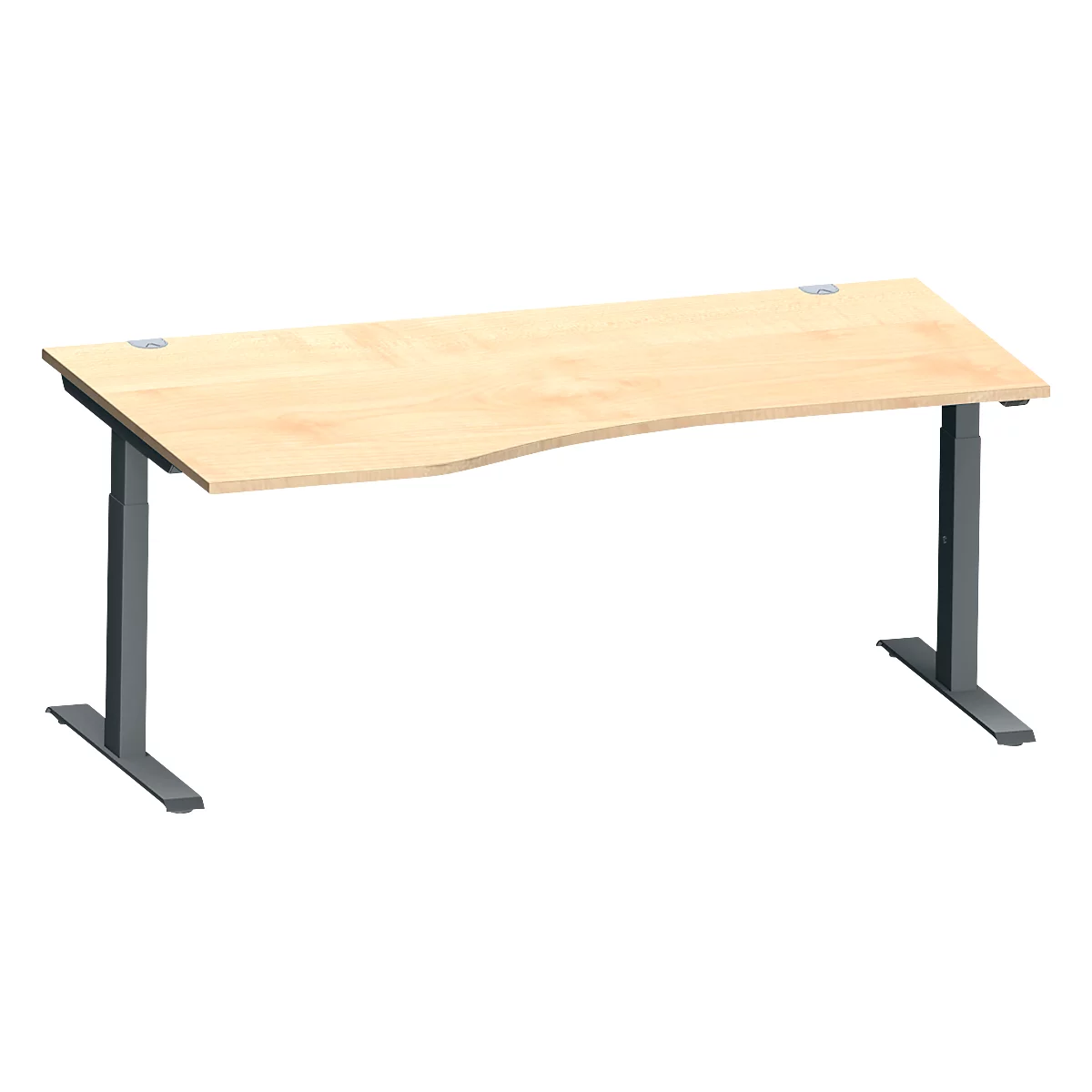 Schäfer Shop Genius Winkelschreibtisch MODENA FLEX, 90° Winkel links, T-Fuß Rechteckrohr, B 2000 x T 1200/800 x H 650-850 mm, Ahorn/anthrazit