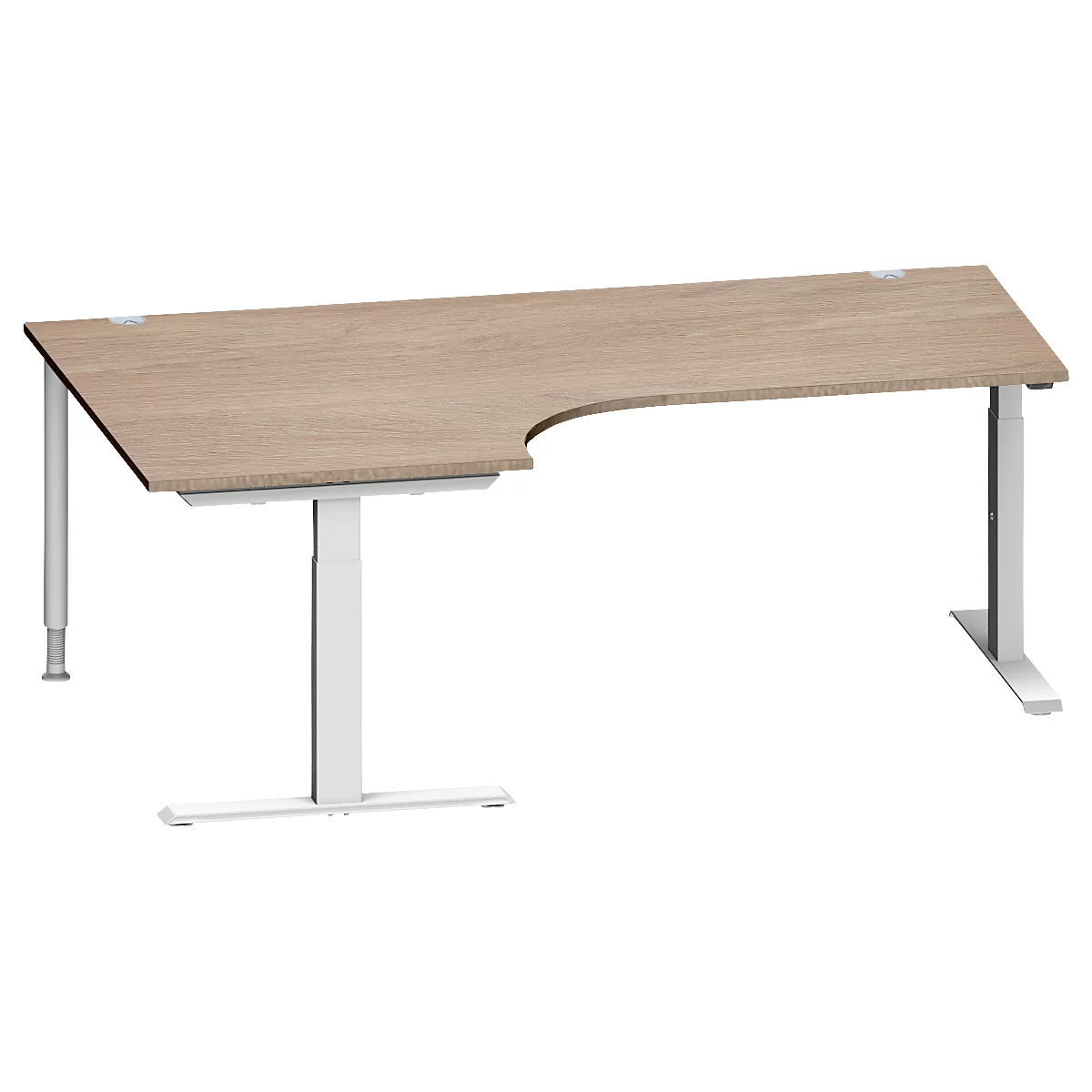 Schäfer Shop Genius Winkelschreibtisch MODENA FLEX, 90° Winkel links, T-Fuß Rechteckrohr, B 2000 x T 1200/800 x H 650-850 mm, Eiche/weißalu