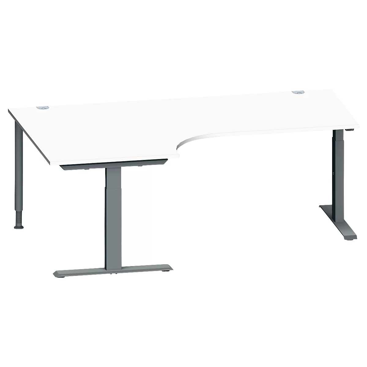 Schäfer Shop Genius Winkelschreibtisch MODENA FLEX, 90° Winkel links, T-Fuß Rechteckrohr, B 2000 x T 1200/800 x H 650-850 mm, weiß/anthrazit