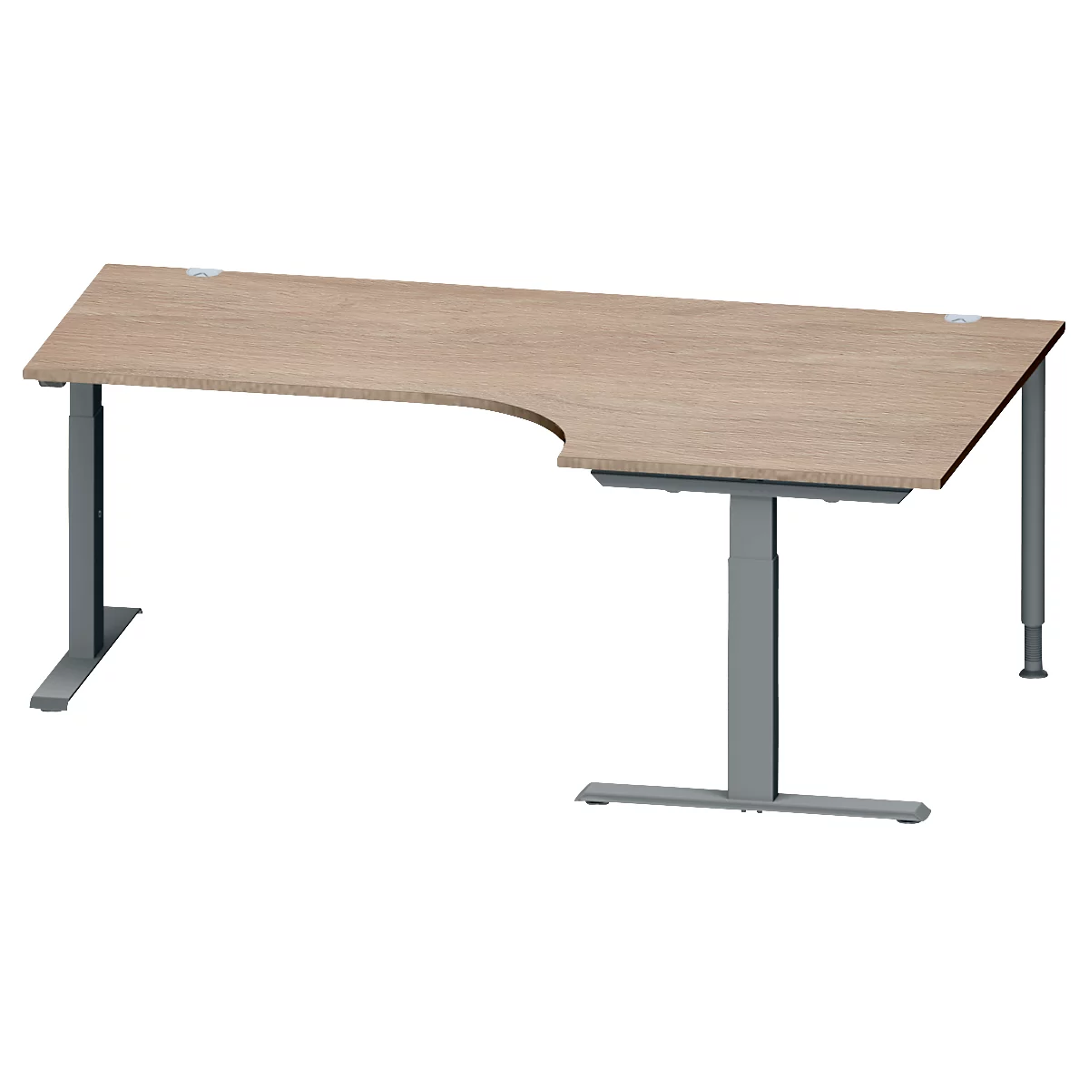 Schäfer Shop Genius Winkelschreibtisch MODENA FLEX, 90° Winkel rechts, T-Fuß Rechteckrohr, B 2000 x T 1200/800 x H 650-850 mm, Eiche/anthrazit