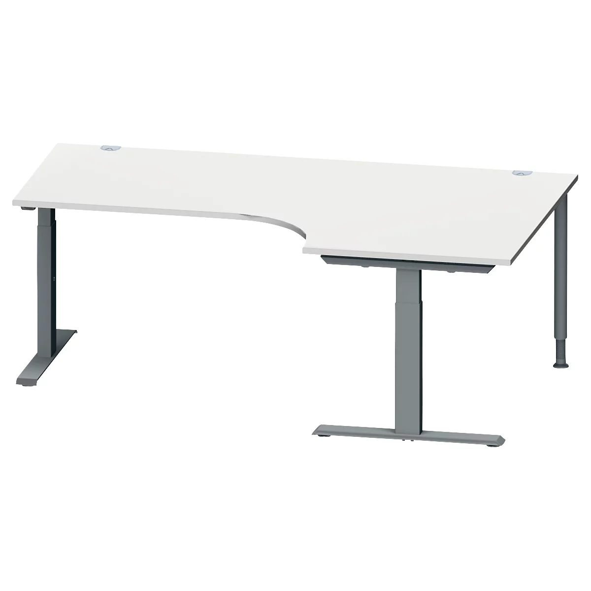 Schäfer Shop Genius Winkelschreibtisch MODENA FLEX, 90° Winkel rechts, T-Fuß Rechteckrohr, B 2000 x T 1200/800 x H 650-850 mm, lichtgrau/anthrazit