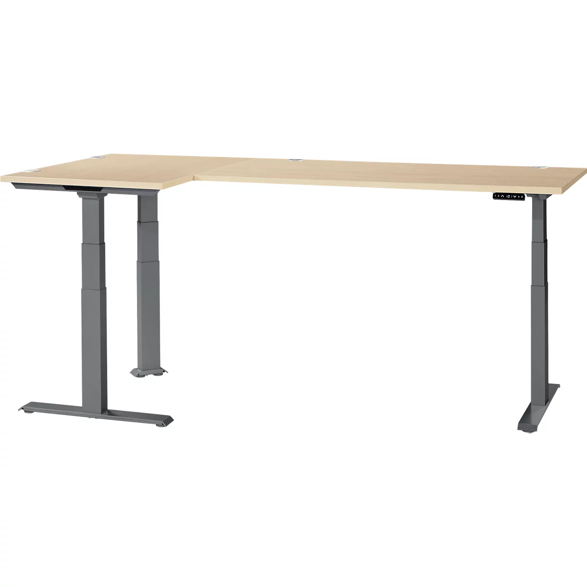 Schäfer Shop Genius Winkelschreibtisch Modena Flex, elektrisch höhenverstellbar, 90° Winkel beidseitig, B 2000 x T 1600 mm, Ahorn/anthrazit