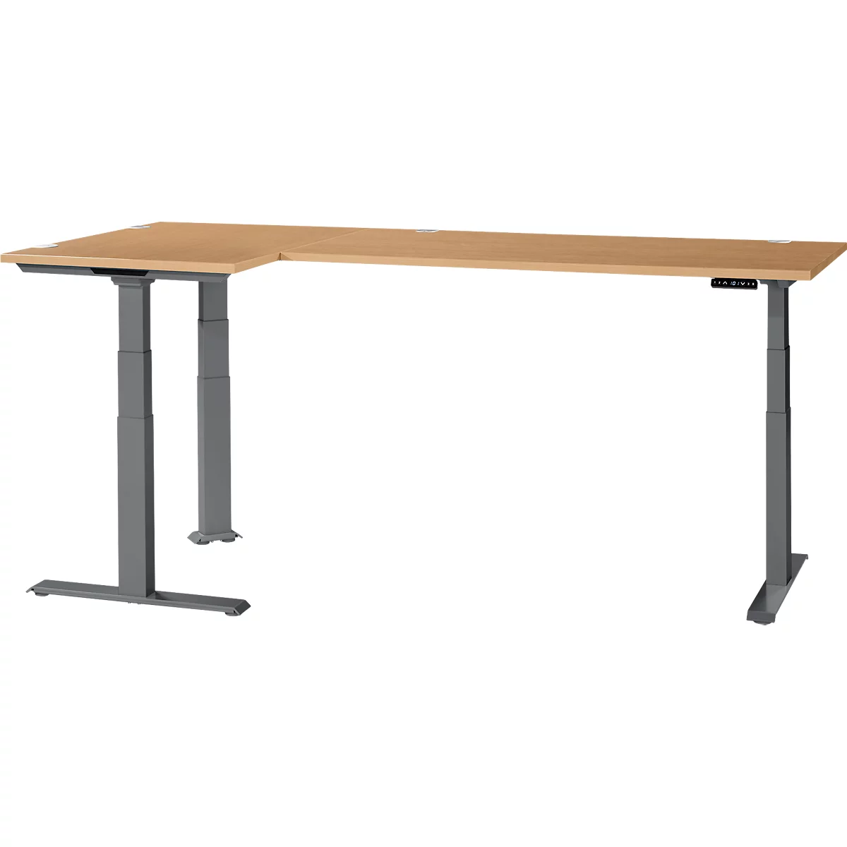 Schäfer Shop Genius Winkelschreibtisch Modena Flex, elektrisch höhenverstellbar, 90° Winkel beidseitig, B 2000 x T 1600 mm, Buche/anthrazit