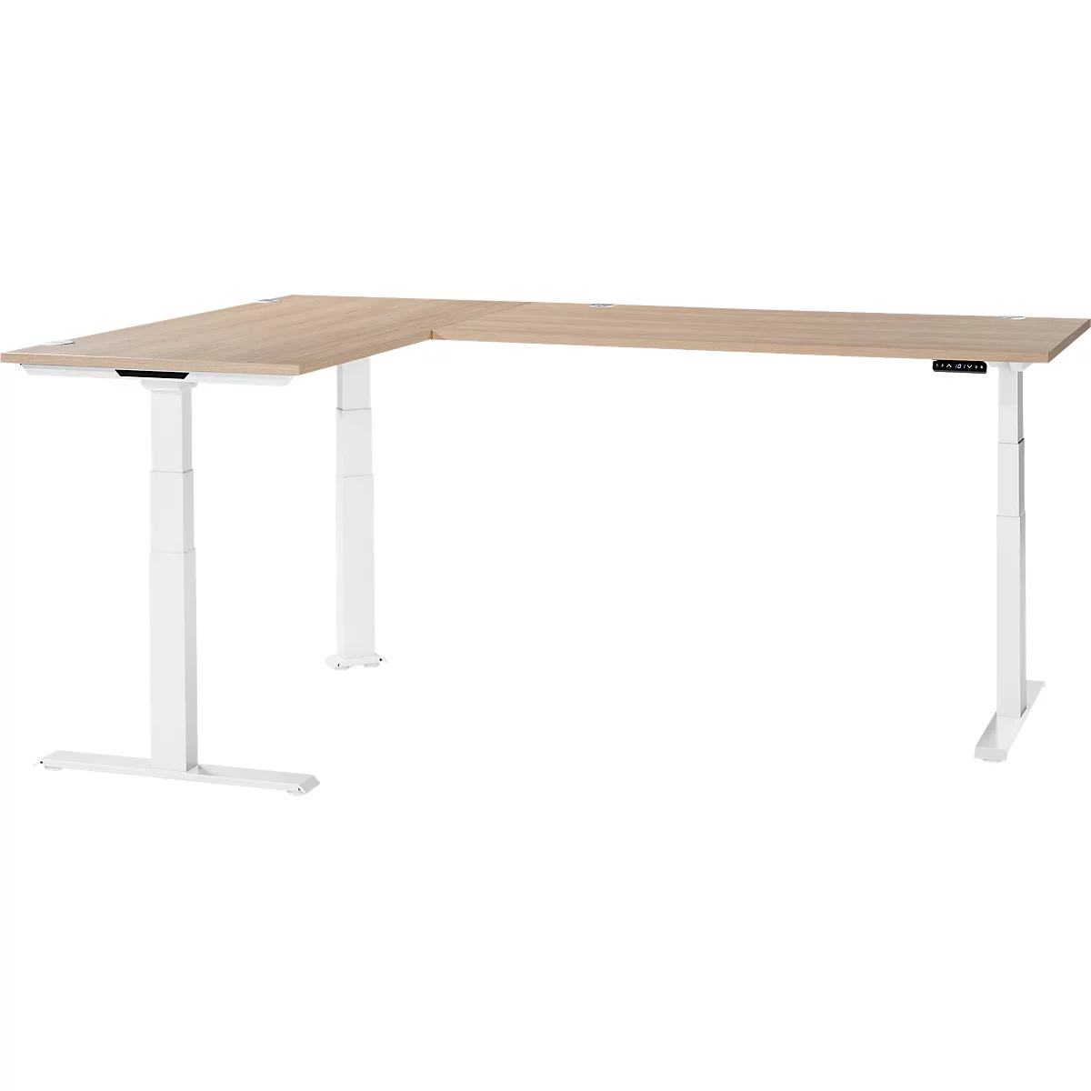 Schäfer Shop Genius Winkelschreibtisch Modena Flex, elektrisch höhenverstellbar, 90° Winkel beidseitig, B 2000 x T 2000 mm, Eiche/weiß