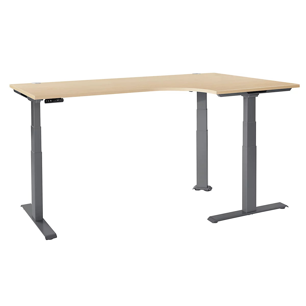Schäfer Shop Genius Winkelschreibtisch Modena Flex, elektrisch höhenverstellbar, 90° Winkel, T-Fuß, B 2000 mm, Ahorn/anthrazit