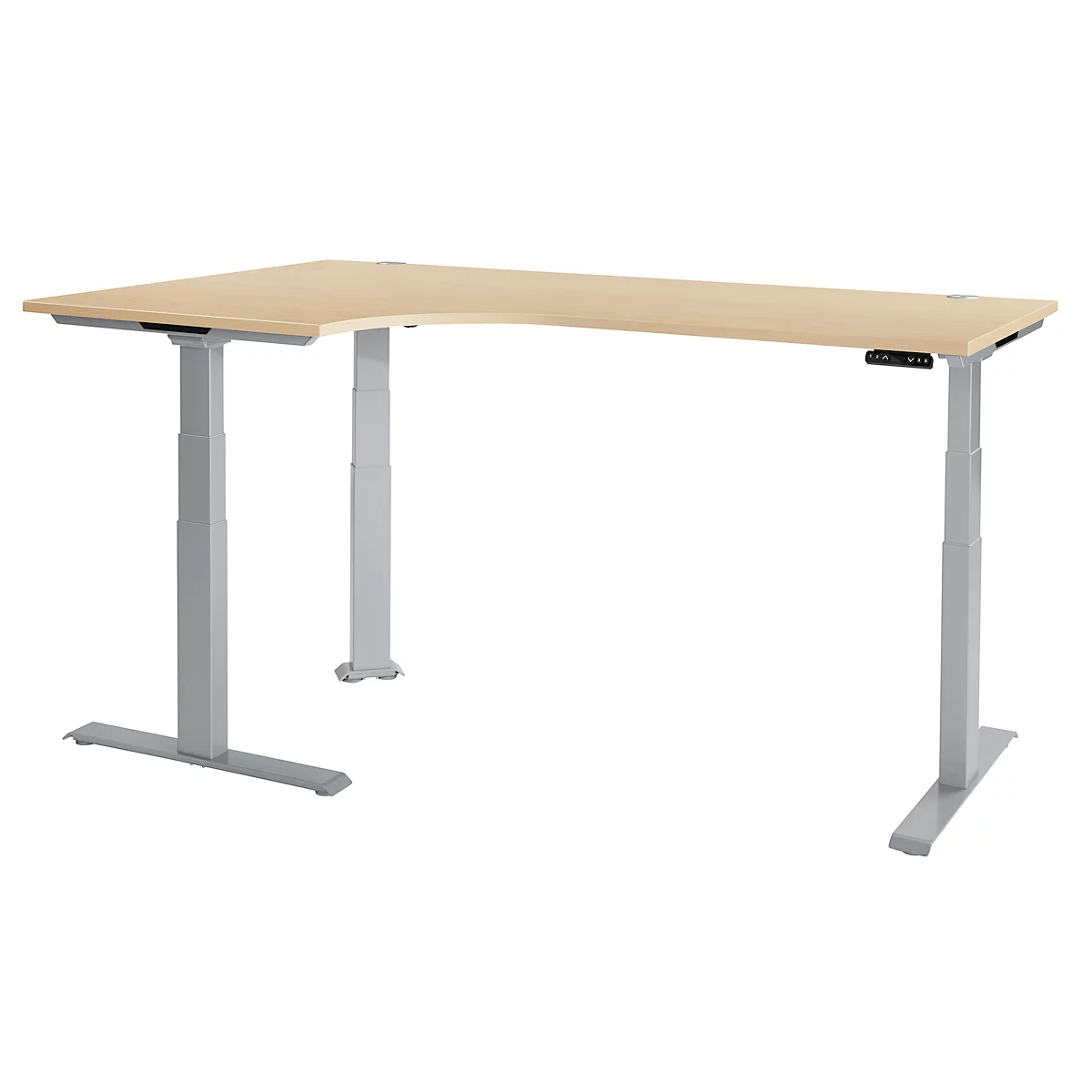Schäfer Shop Genius Winkelschreibtisch Modena Flex, elektrisch höhenverstellbar, 90° Winkel, T-Fuß, B 2000 mm, Ahorn/weißalu