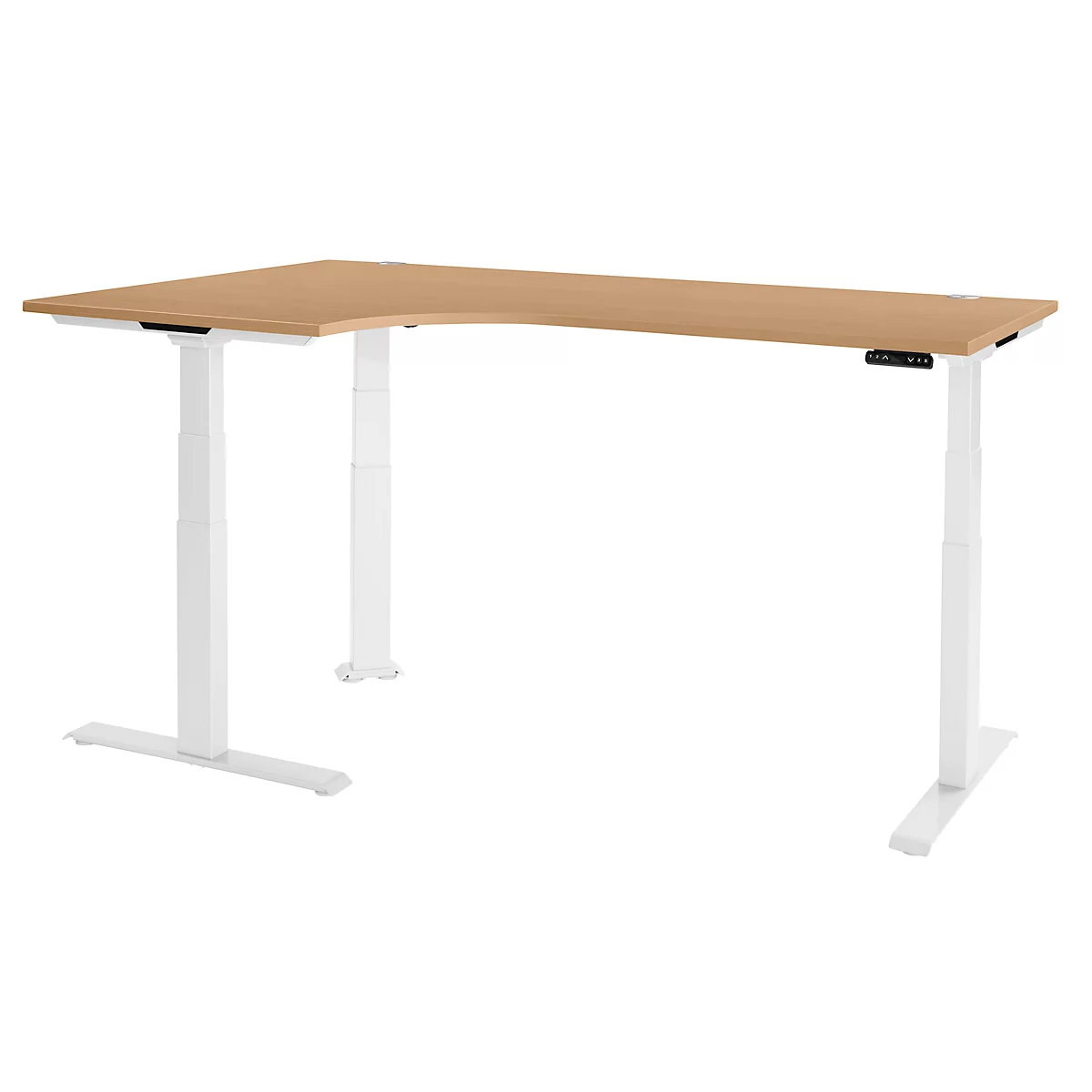 Schäfer Shop Genius Winkelschreibtisch Modena Flex, elektrisch höhenverstellbar, 90° Winkel, T-Fuß, B 2000 mm, Buche/weiß
