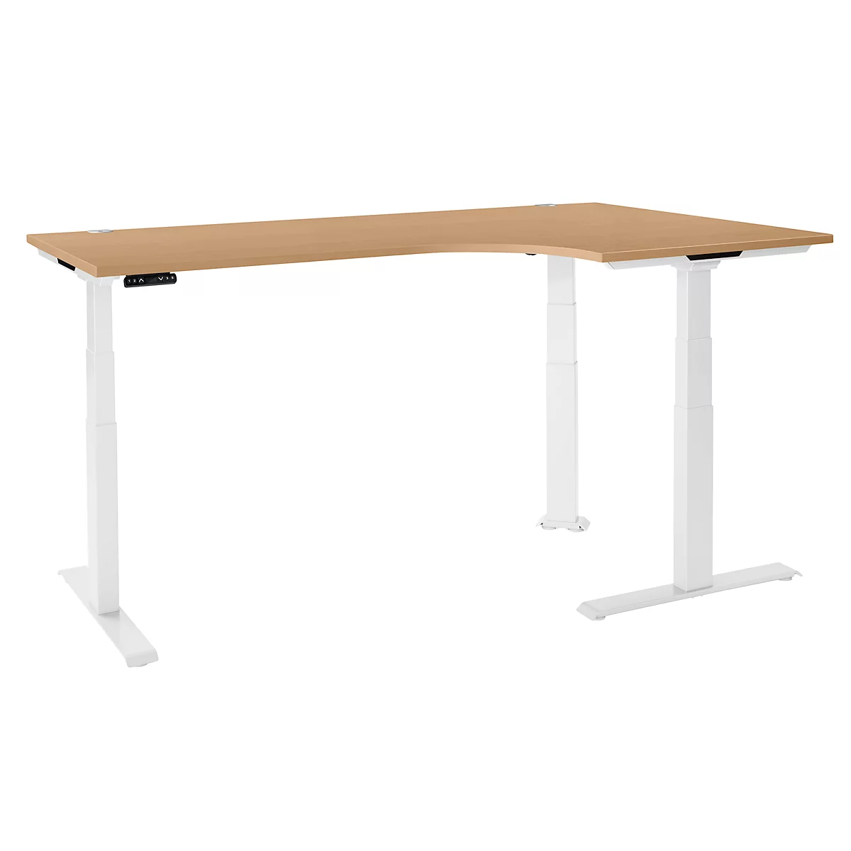 Schäfer Shop Genius Winkelschreibtisch Modena Flex, elektrisch höhenverstellbar, 90° Winkel, T-Fuß, B 2000 mm, Buche/weiß