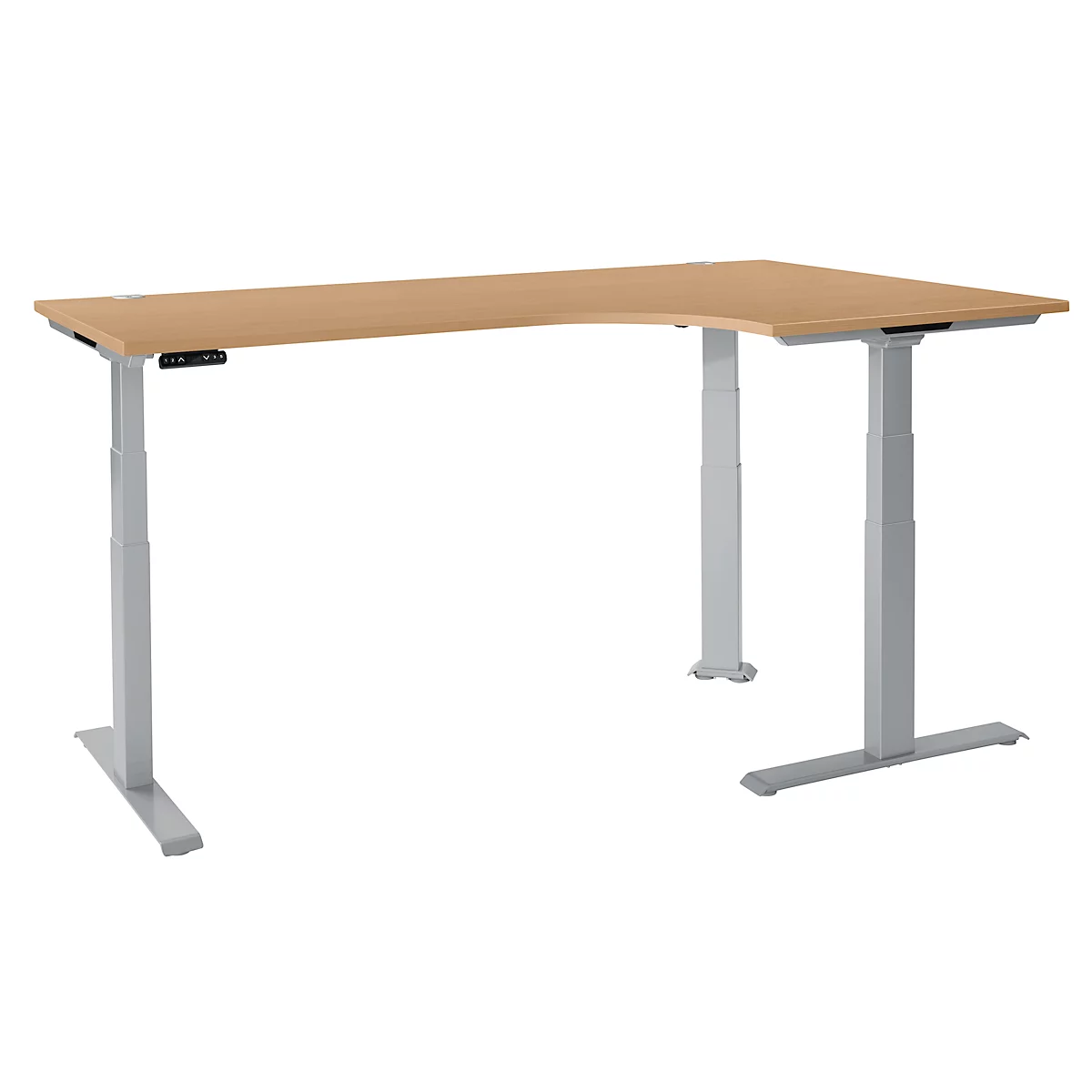 Schäfer Shop Genius Winkelschreibtisch Modena Flex, elektrisch höhenverstellbar, 90° Winkel, T-Fuß, B 2000 mm, Buche/weißalu