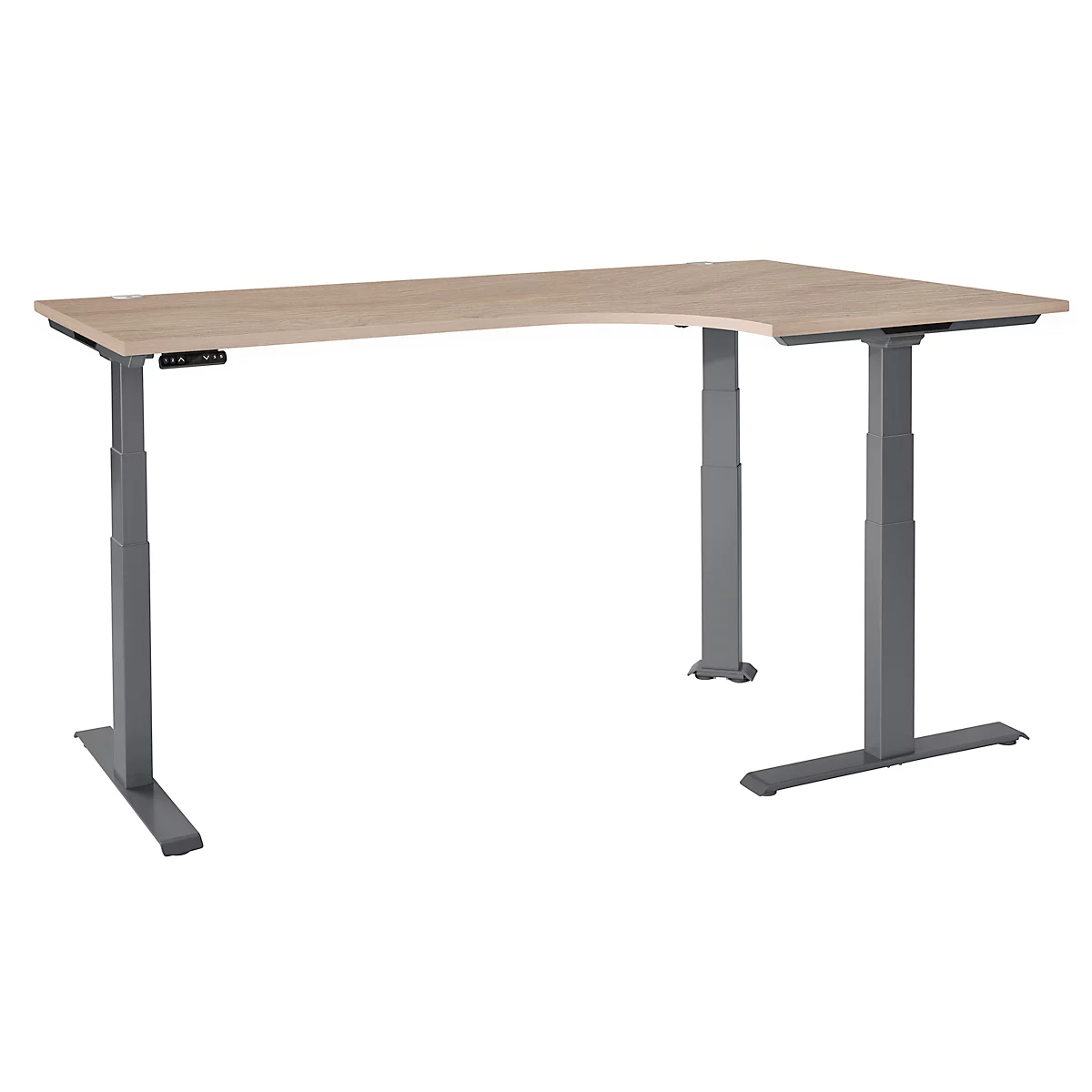 Schäfer Shop Genius Winkelschreibtisch Modena Flex, elektrisch höhenverstellbar, 90° Winkel, T-Fuß, B 2000 mm, Eiche/anthrazit