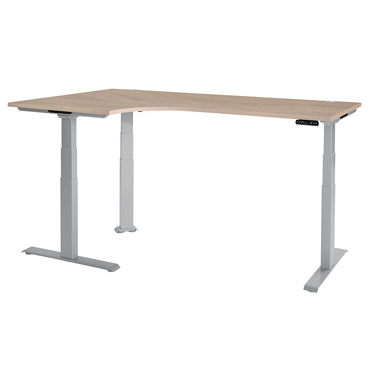 Schäfer Shop Genius Winkelschreibtisch Modena Flex, elektrisch höhenverstellbar, 90° Winkel, T-Fuß, B 2000 mm, Eiche/weißalu