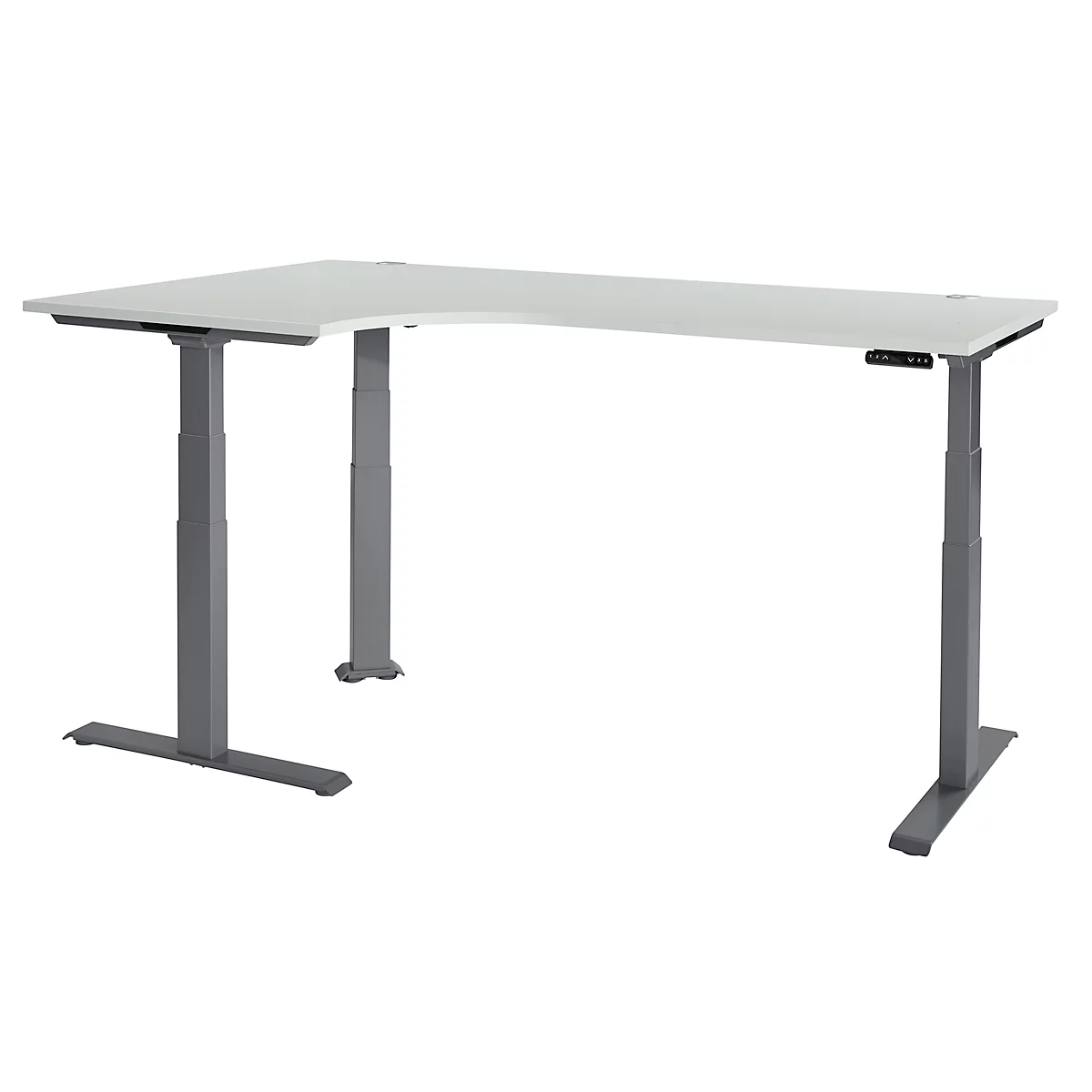 Schäfer Shop Genius Winkelschreibtisch Modena Flex, elektrisch höhenverstellbar, 90° Winkel, T-Fuß, B 2000 mm, lichtgrau/anthrazit