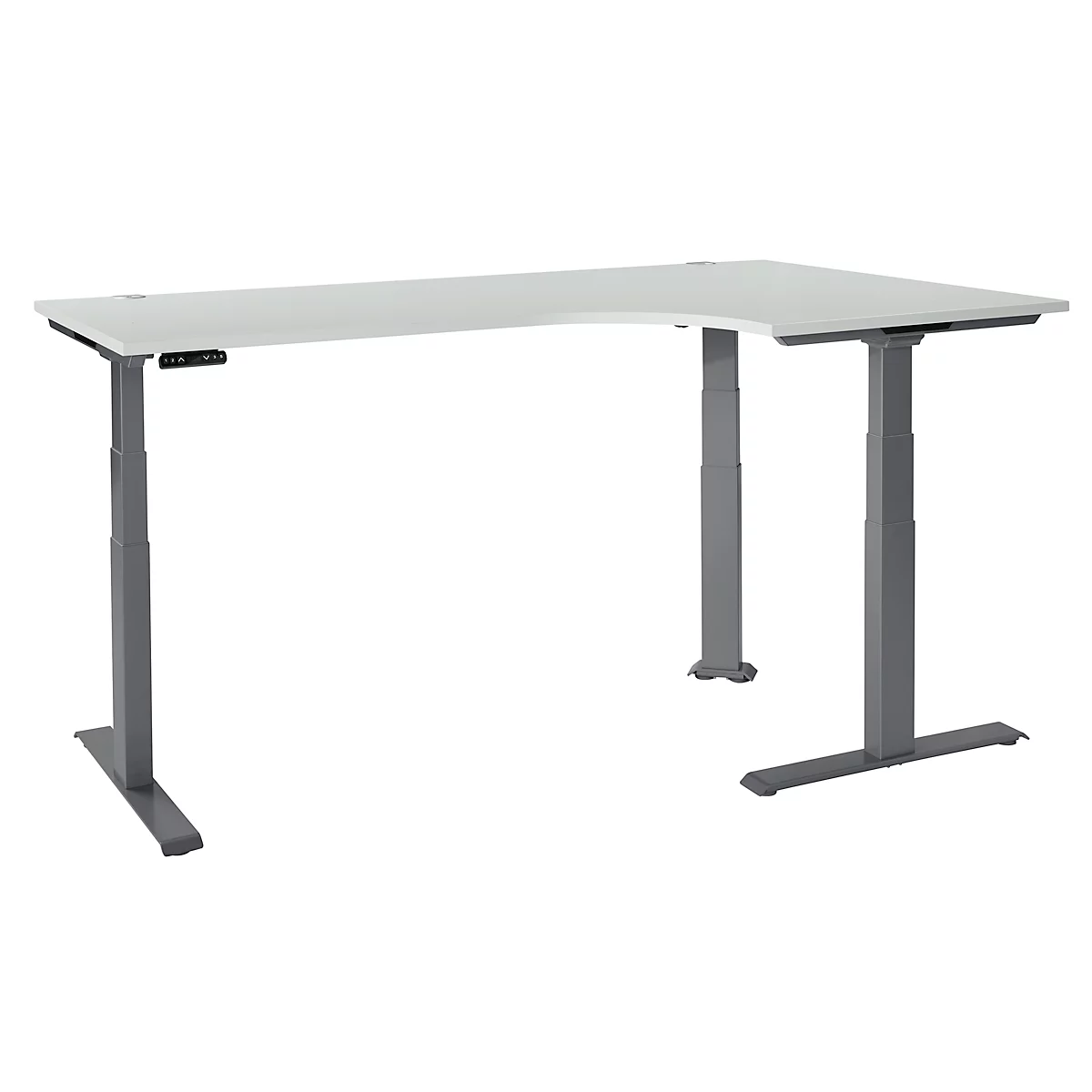 Schäfer Shop Genius Winkelschreibtisch Modena Flex, elektrisch höhenverstellbar, 90° Winkel, T-Fuß, B 2000 mm, lichtgrau/anthrazit