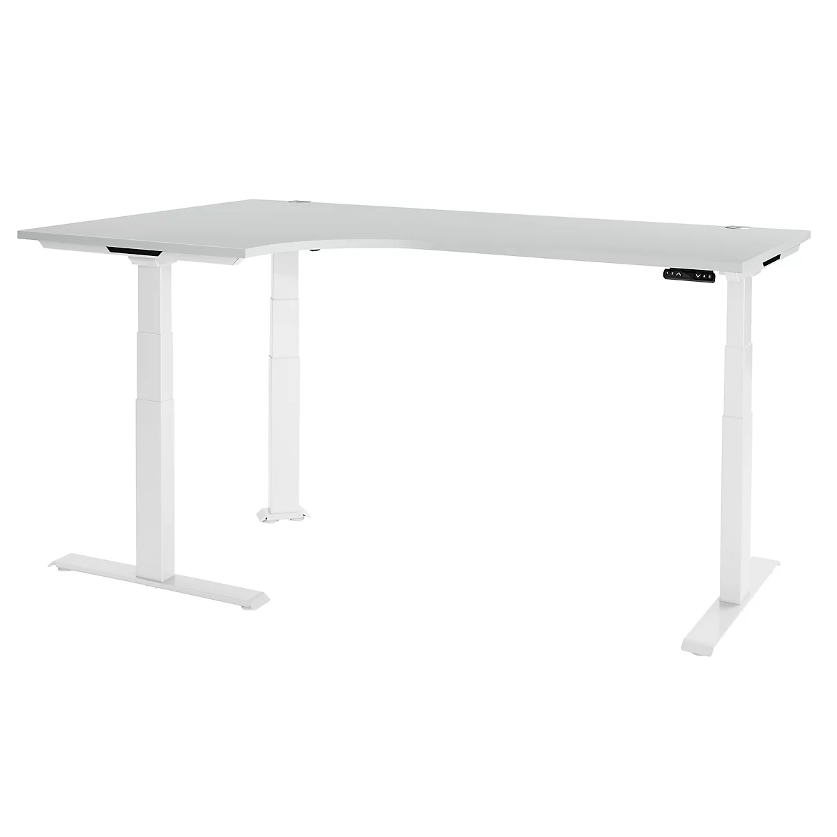 Schäfer Shop Genius Winkelschreibtisch Modena Flex, elektrisch höhenverstellbar, 90° Winkel, T-Fuß, B 2000 mm, lichtgrau/weiß