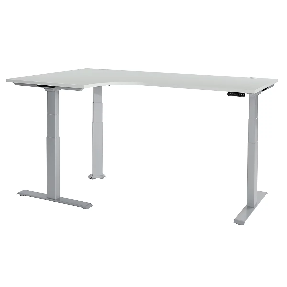 Schäfer Shop Genius Winkelschreibtisch Modena Flex, elektrisch höhenverstellbar, 90° Winkel, T-Fuß, B 2000 mm, lichtgrau/weißalu