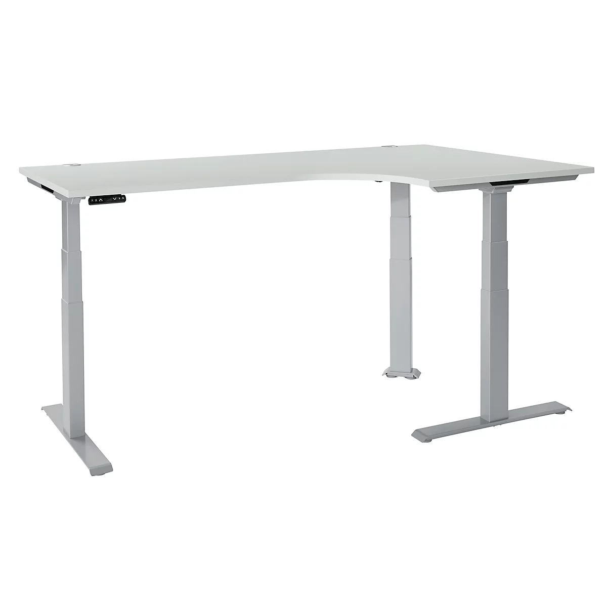 Schäfer Shop Genius Winkelschreibtisch Modena Flex, elektrisch höhenverstellbar, 90° Winkel, T-Fuß, B 2000 mm, lichtgrau/weißalu