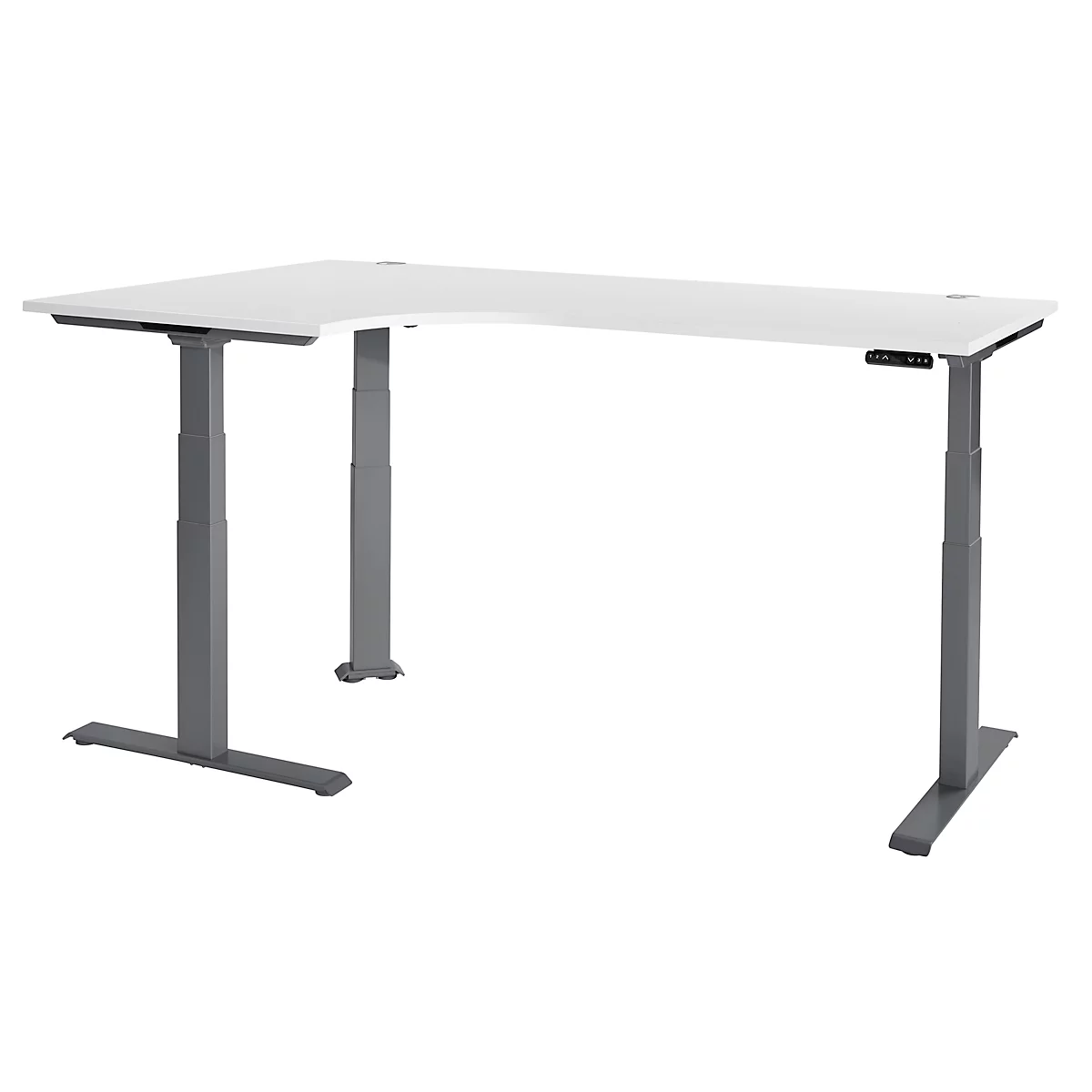 Schäfer Shop Genius Winkelschreibtisch Modena Flex, elektrisch höhenverstellbar, 90° Winkel, T-Fuß, B 2000 mm, weiß/anthrazit