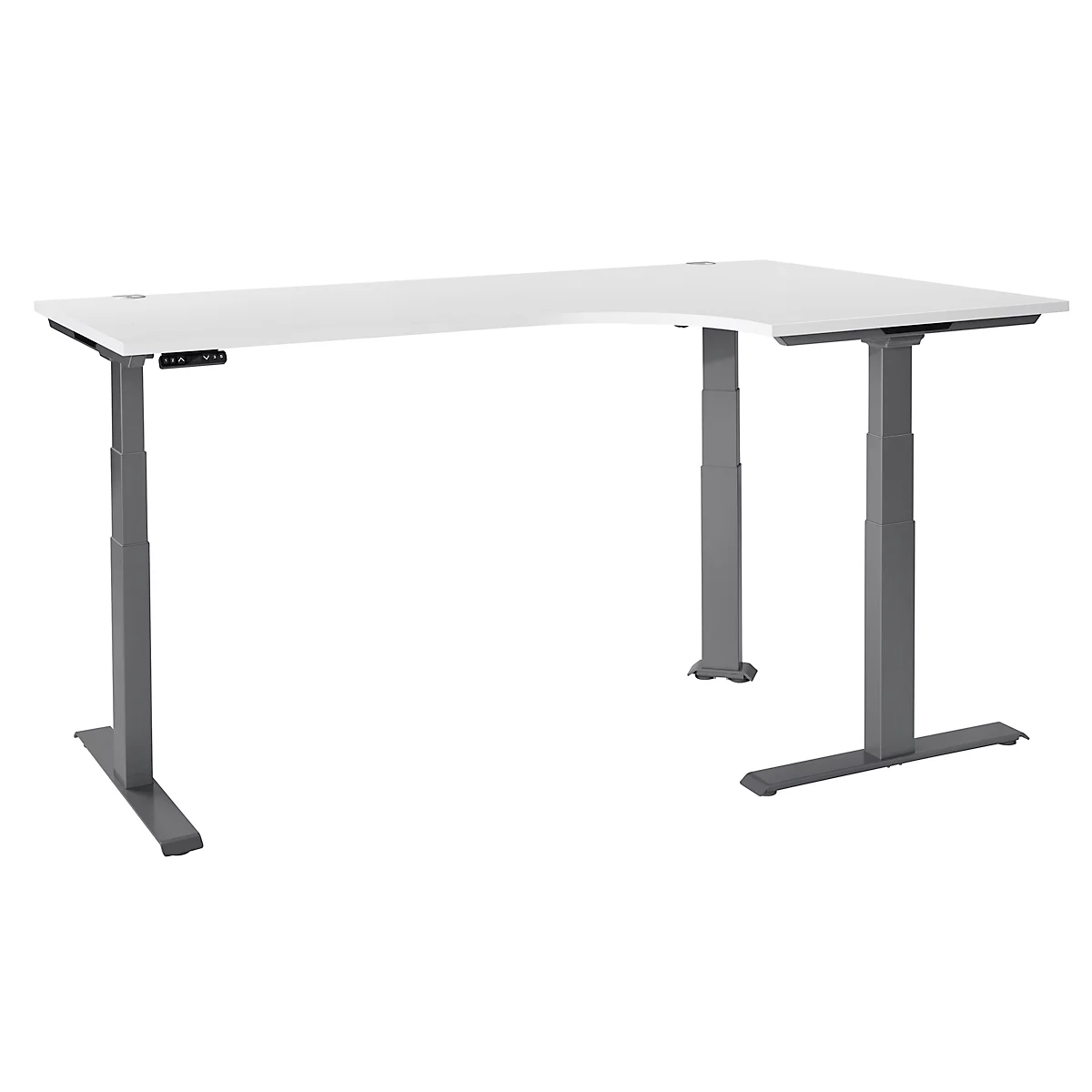 Schäfer Shop Genius Winkelschreibtisch Modena Flex, elektrisch höhenverstellbar, 90° Winkel, T-Fuß, B 2000 mm, weiß/anthrazit