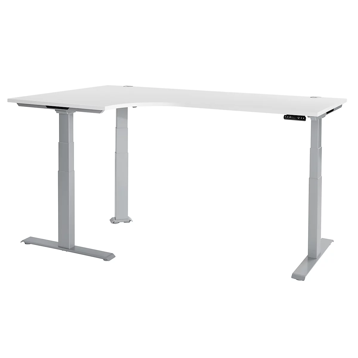 Schäfer Shop Genius Winkelschreibtisch Modena Flex, elektrisch höhenverstellbar, 90° Winkel, T-Fuß, B 2000 mm, weiß/weißalu