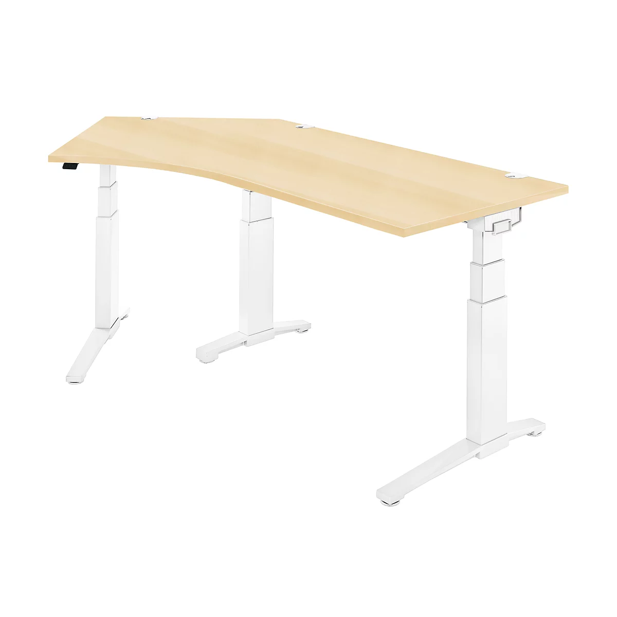 Schäfer Shop Genius Winkelschreibtisch PLANOVA ERGOSTYLE, elektrisch höhenverstellbar, 135° Winkel links, C-Fuß, B 2165 mm, Ahorn/weißalu