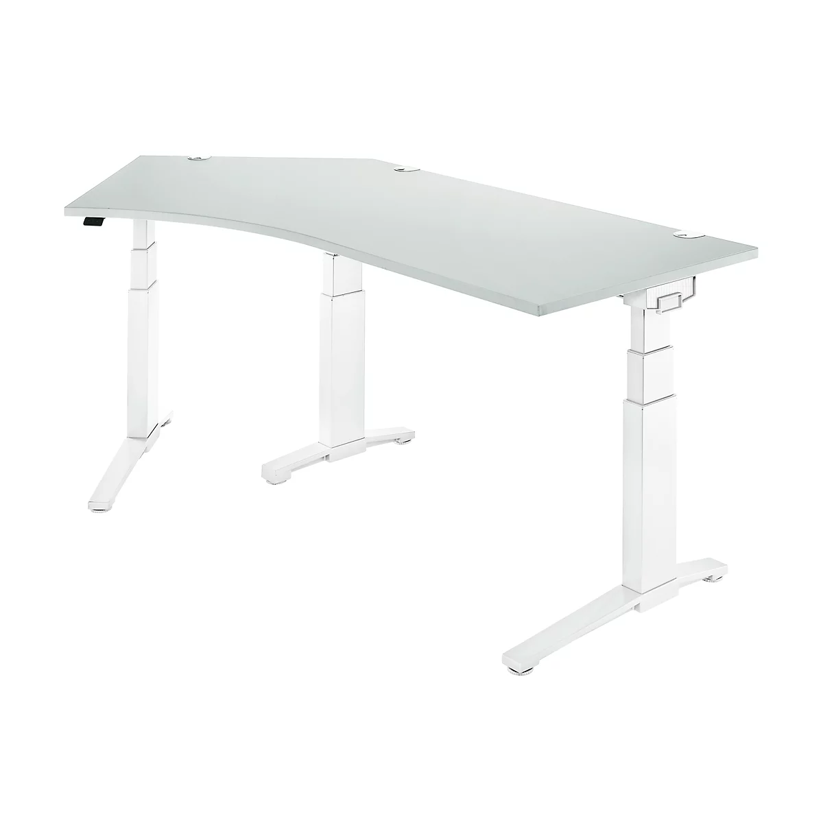 Schäfer Shop Genius Winkelschreibtisch PLANOVA ERGOSTYLE, elektrisch höhenverstellbar, 135° Winkel links, C-Fuß, B 2165 mm, lichtgrau/alusilber