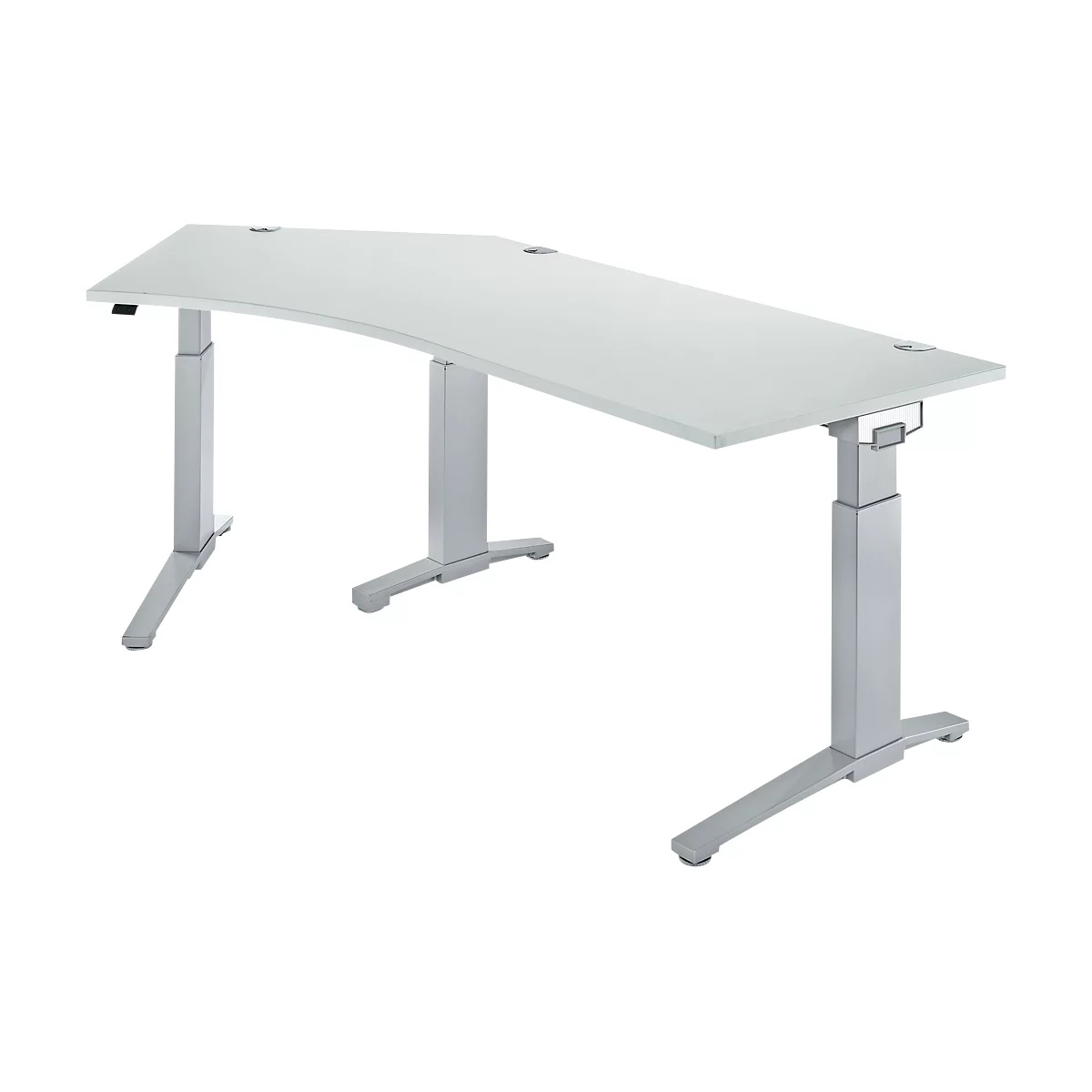 Schäfer Shop Genius Winkelschreibtisch PLANOVA ERGOSTYLE, elektrisch höhenverstellbar, 135° Winkel links, C-Fuß, B 2165 mm, lichtgrau/weißalu 