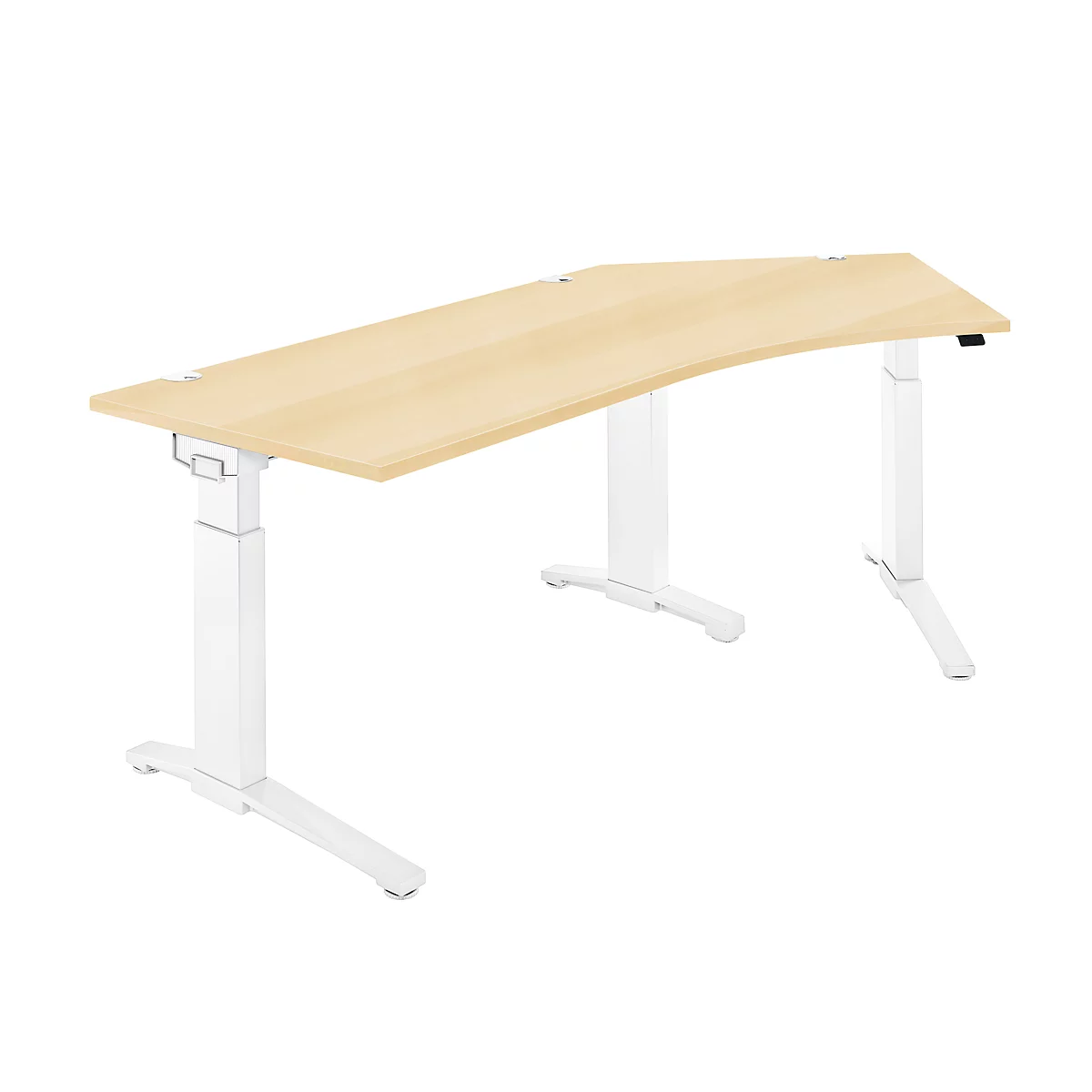 Schäfer Shop Genius Winkelschreibtisch PLANOVA ERGOSTYLE, elektrisch höhenverstellbar, 135° Winkel rechts, C-Fuß, B 2165 mm, Ahorn/weiß