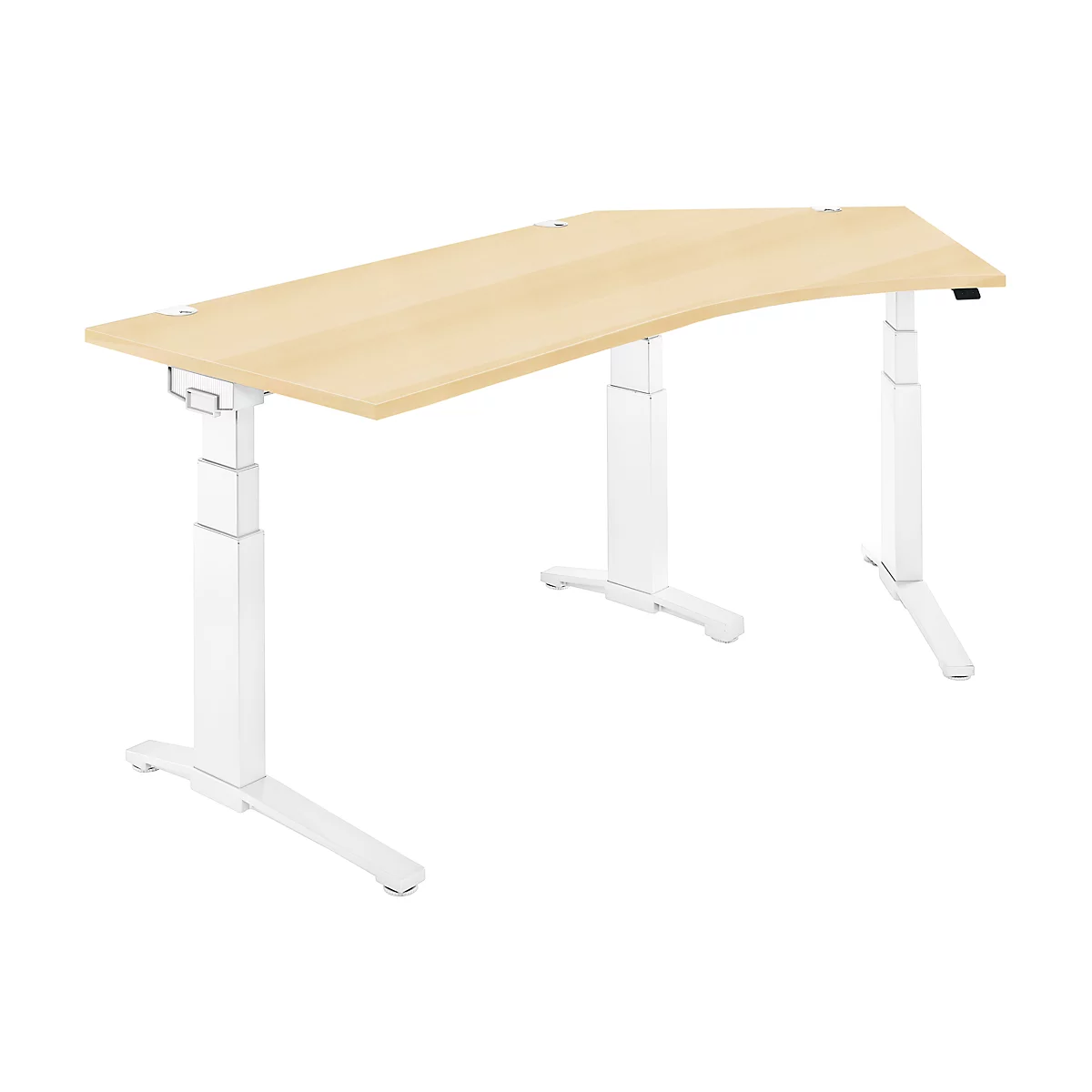 Schäfer Shop Genius Winkelschreibtisch PLANOVA ERGOSTYLE, elektrisch höhenverstellbar, 135° Winkel rechts, C-Fuß, B 2165 mm, Ahorn/weißalu