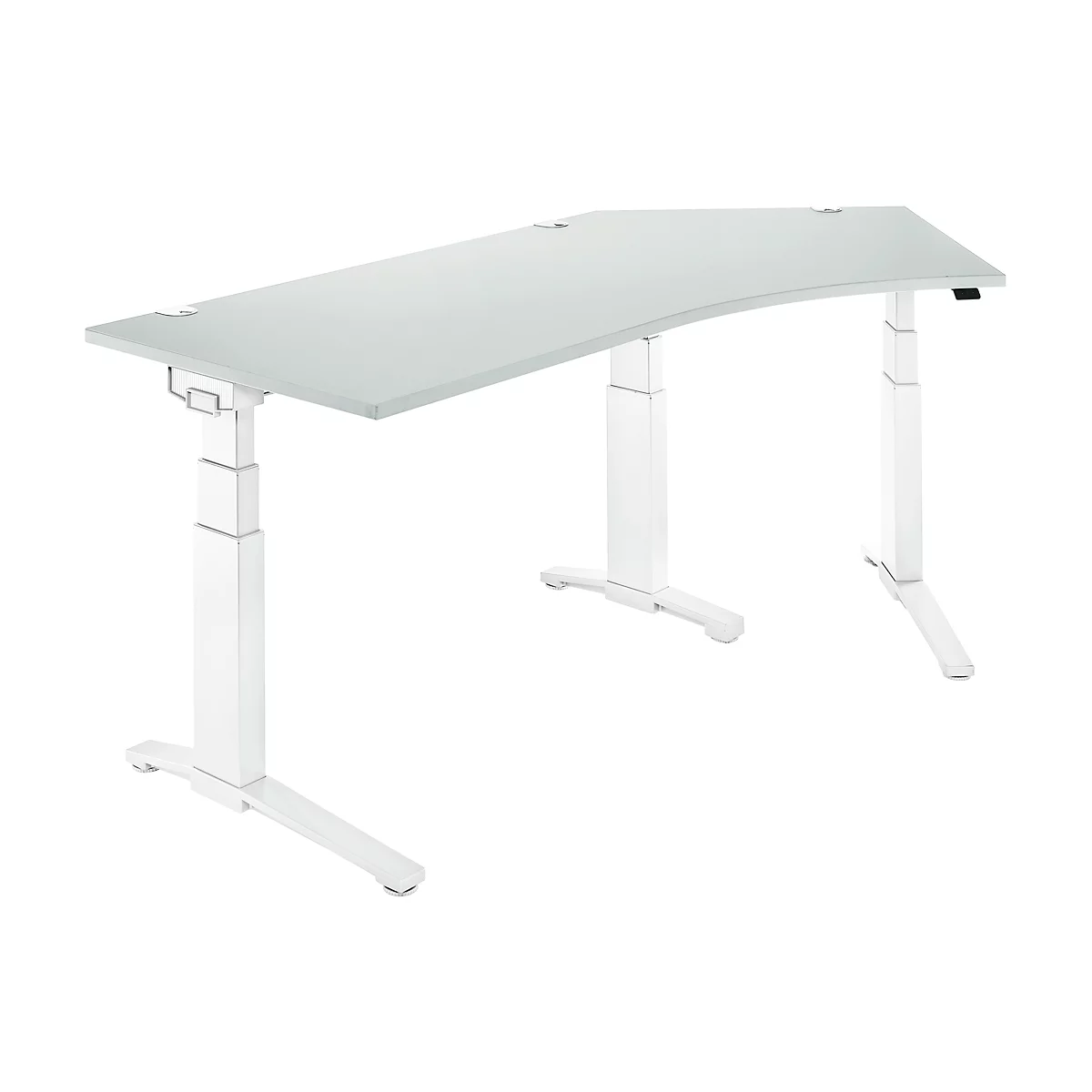 Schäfer Shop Genius Winkelschreibtisch PLANOVA ERGOSTYLE, elektrisch höhenverstellbar, 135° Winkel rechts, C-Fuß, B 2165 mm, lichtgrau/weißalu