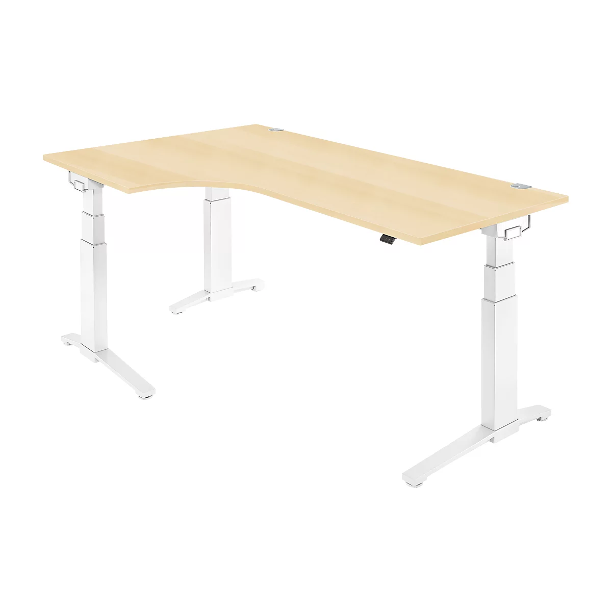 Schäfer Shop Genius Winkelschreibtisch PLANOVA ERGOSTYLE, elektrisch höhenverstellbar, 90° Winkel links, C-Fuß, B 2000 mm, Ahorn/weiß