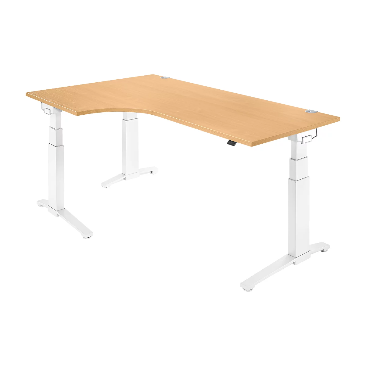 Schäfer Shop Genius Winkelschreibtisch PLANOVA ERGOSTYLE, elektrisch höhenverstellbar, 90° Winkel links, C-Fuß, B 2000 mm, Buche/weiß
