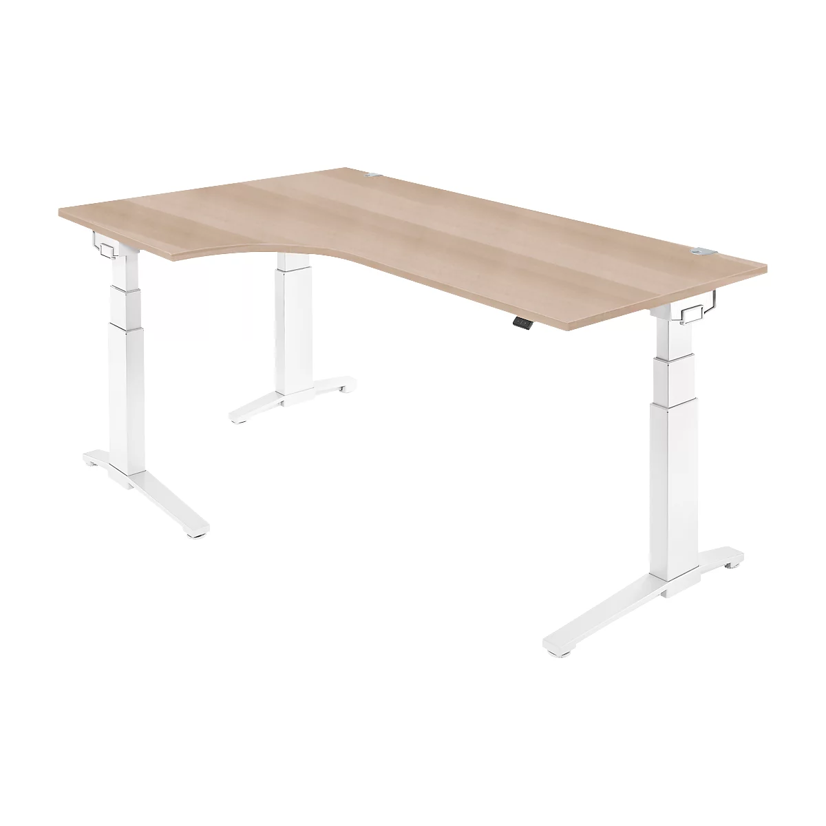 Schäfer Shop Genius Winkelschreibtisch PLANOVA ERGOSTYLE, elektrisch höhenverstellbar, 90° Winkel links, C-Fuß, B 2000 mm, Eiche/weiß