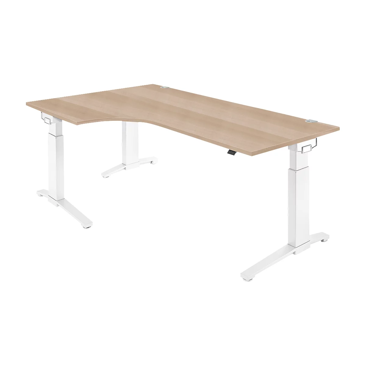Schäfer Shop Genius Winkelschreibtisch PLANOVA ERGOSTYLE, elektrisch höhenverstellbar, 90° Winkel links, C-Fuß, B 2000 mm, Eiche/weiß
