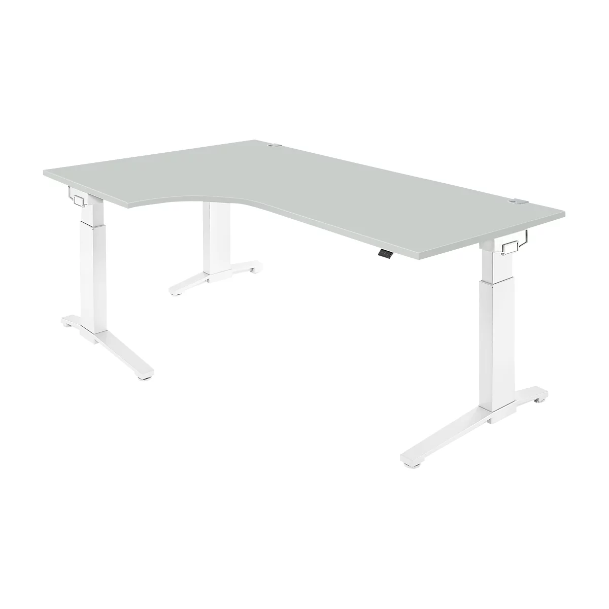 Schäfer Shop Genius Winkelschreibtisch PLANOVA ERGOSTYLE, elektrisch höhenverstellbar, 90° Winkel links, C-Fuß, B 2000 mm, lichtgrau/weiß