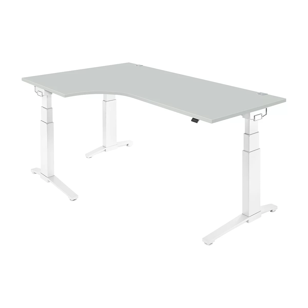 Schäfer Shop Genius Winkelschreibtisch PLANOVA ERGOSTYLE, elektrisch höhenverstellbar, 90° Winkel links, C-Fuß, B 2000 mm, lichtgrau/weiß