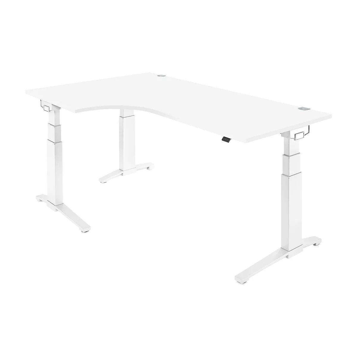 Schäfer Shop Genius Winkelschreibtisch PLANOVA ERGOSTYLE, elektrisch höhenverstellbar, 90° Winkel links, C-Fuss, B 2000 mm, weiss/weissalu 