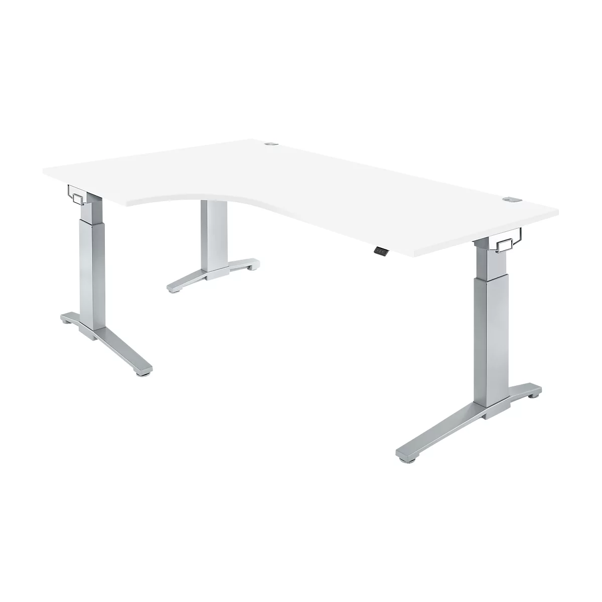 Schäfer Shop Genius Winkelschreibtisch PLANOVA ERGOSTYLE, elektrisch höhenverstellbar, 90° Winkel links, C-Fuß, B 2000 mm, weiß/weißalu