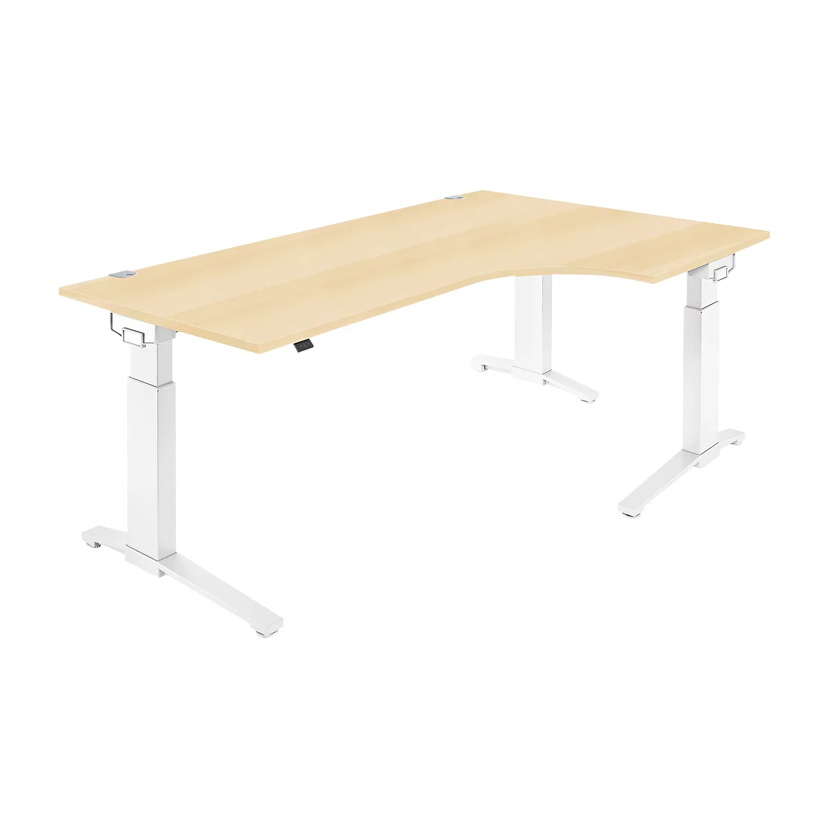 Schäfer Shop Genius Winkelschreibtisch PLANOVA ERGOSTYLE, elektrisch höhenverstellbar, 90° Winkel rechts, C-Fuß, B 2000 mm, Ahorn/weiß