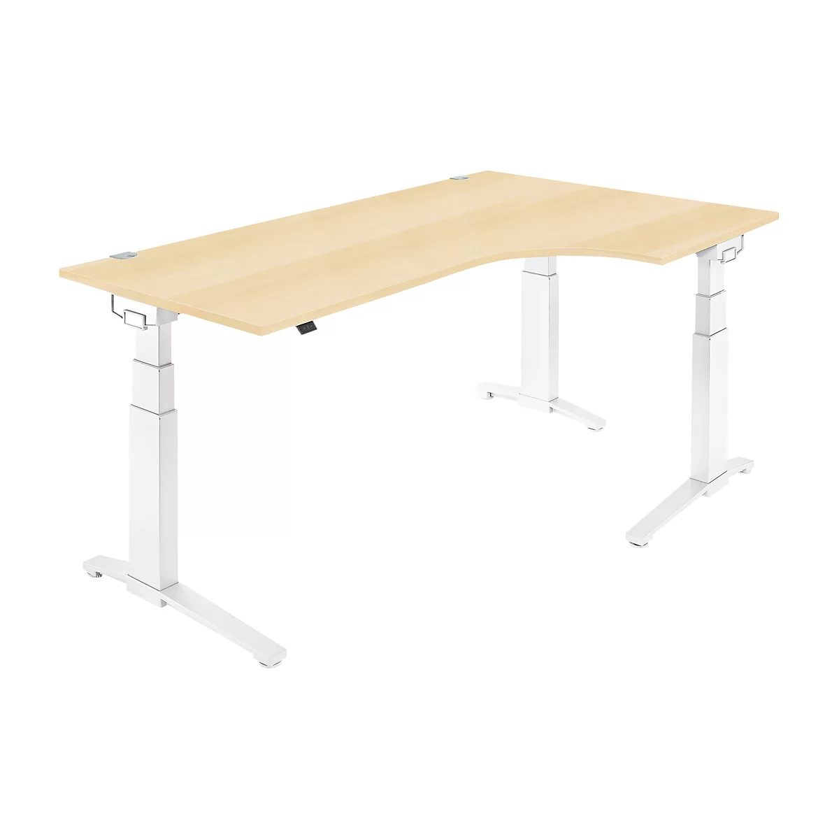 Schäfer Shop Genius Winkelschreibtisch PLANOVA ERGOSTYLE, elektrisch höhenverstellbar, 90° Winkel rechts, C-Fuß, B 2000 mm, Ahorn/weiß