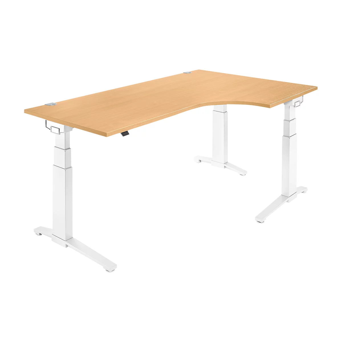 Schäfer Shop Genius Winkelschreibtisch PLANOVA ERGOSTYLE, elektrisch höhenverstellbar, 90° Winkel rechts, C-Fuß, B 2000 mm, Buche/weiß