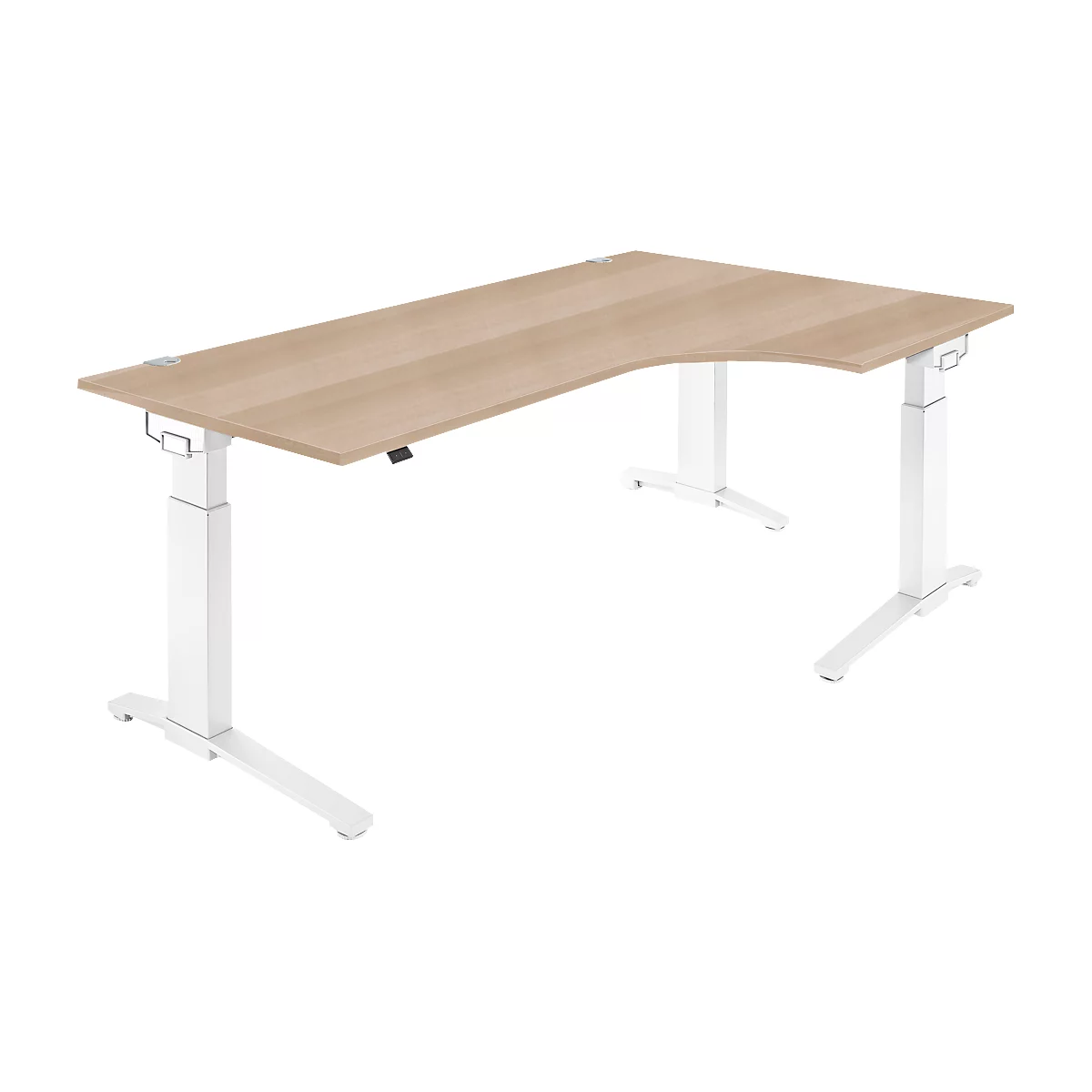 Schäfer Shop Genius Winkelschreibtisch PLANOVA ERGOSTYLE, elektrisch höhenverstellbar, 90° Winkel rechts, C-Fuß, B 2000 mm, Eiche/weiß
