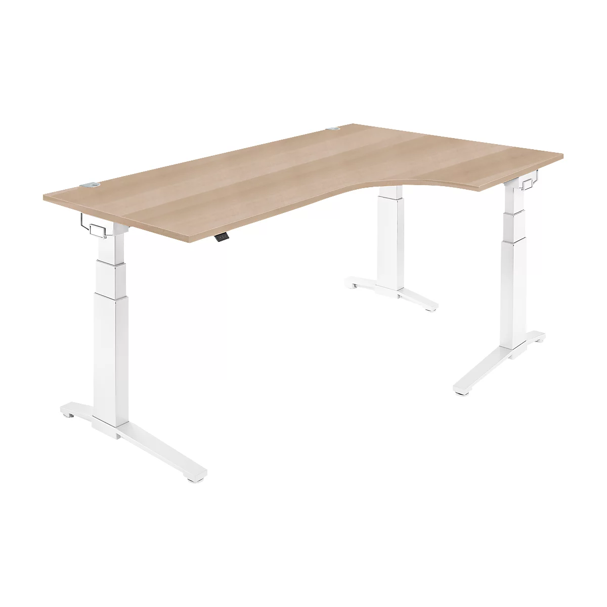 Schäfer Shop Genius Winkelschreibtisch PLANOVA ERGOSTYLE, elektrisch höhenverstellbar, 90° Winkel rechts, C-Fuß, B 2000 mm, Eiche/weiß
