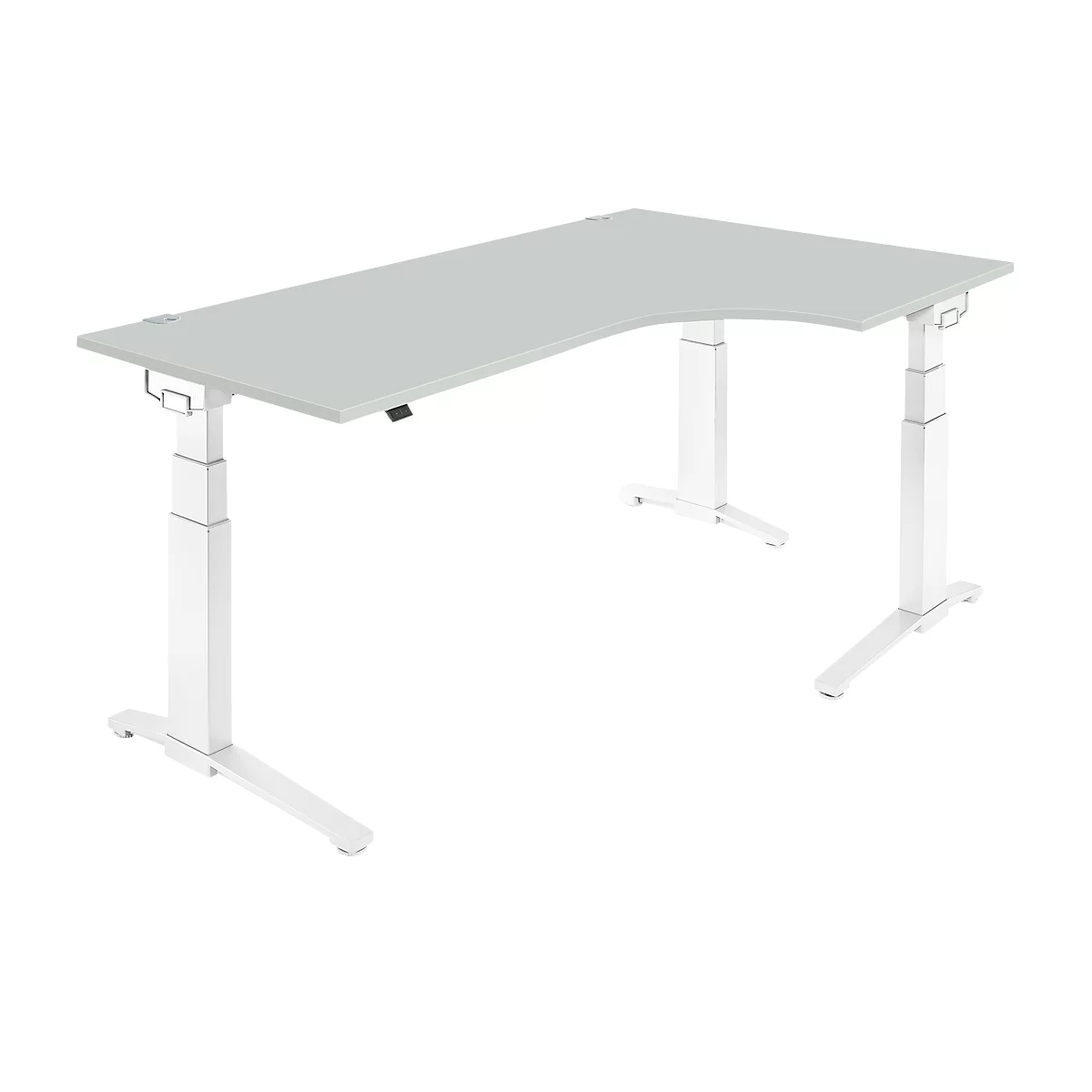 Schäfer Shop Genius Winkelschreibtisch PLANOVA ERGOSTYLE, elektrisch höhenverstellbar, 90° Winkel rechts, C-Fuß, B 2000 mm, lichtgrau/weiß