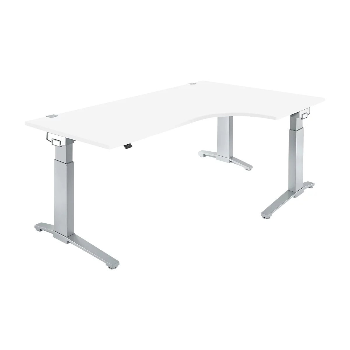 Schäfer Shop Genius Winkelschreibtisch PLANOVA ERGOSTYLE, elektrisch höhenverstellbar, 90° Winkel rechts, C-Fuß, B 2000 mm, weiß/weißalu