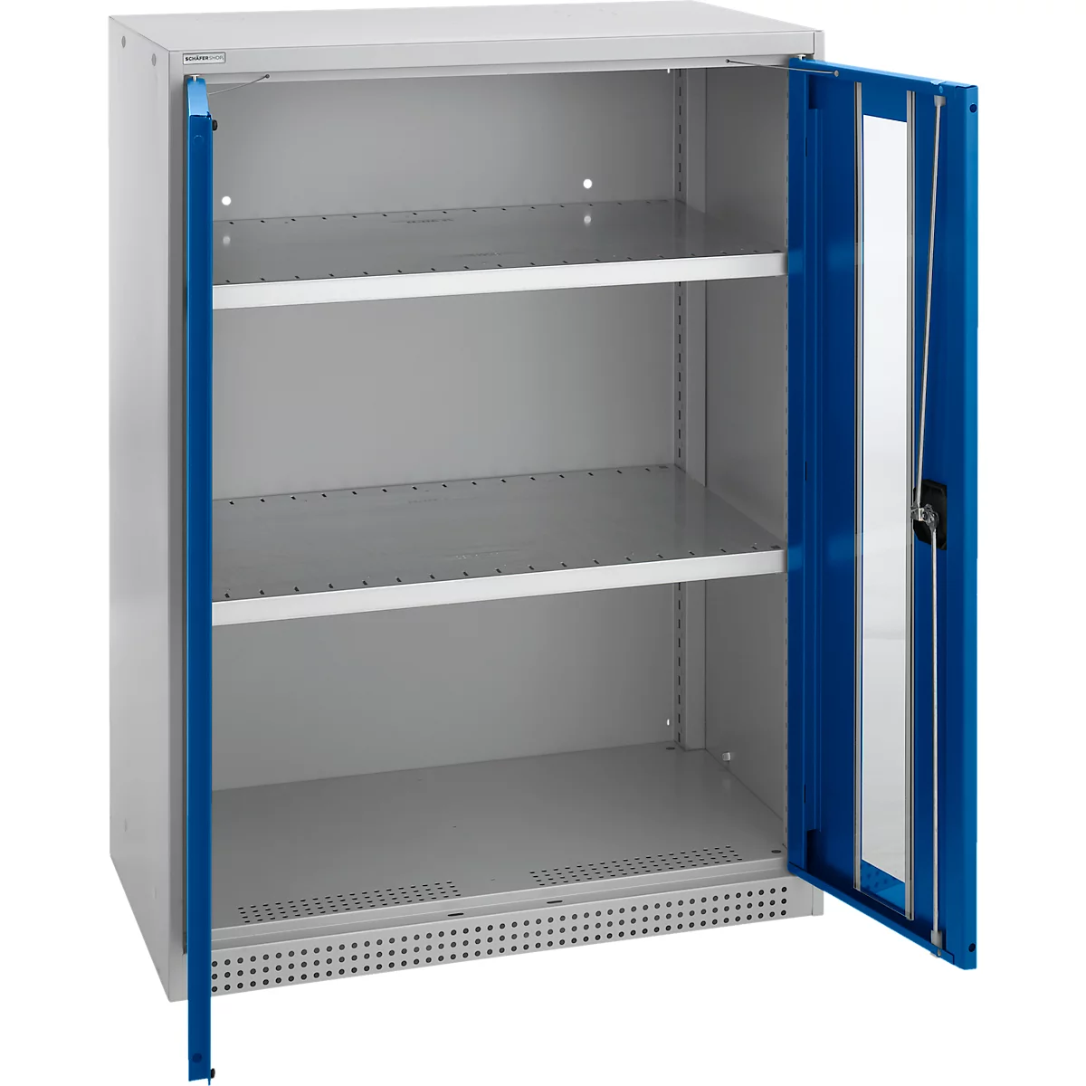 Schäfer Shop Genius zware werkkast FS, met vleugeldeuren, plaatstaal, met kijkvenster, ventilatiegaten, B 810 x D 520 X 1105 mm, 2 OH, tot 180 kg, tot blank alu/gentiaanblauw