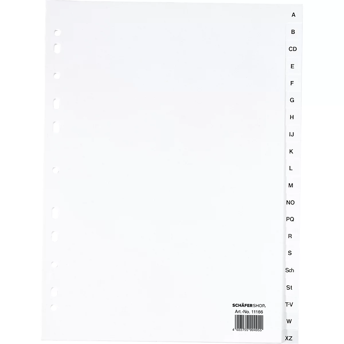 Índice blanco con etiquetas alfabéticas y perforaciones. Impresión: "SCHÄFER SHOP".