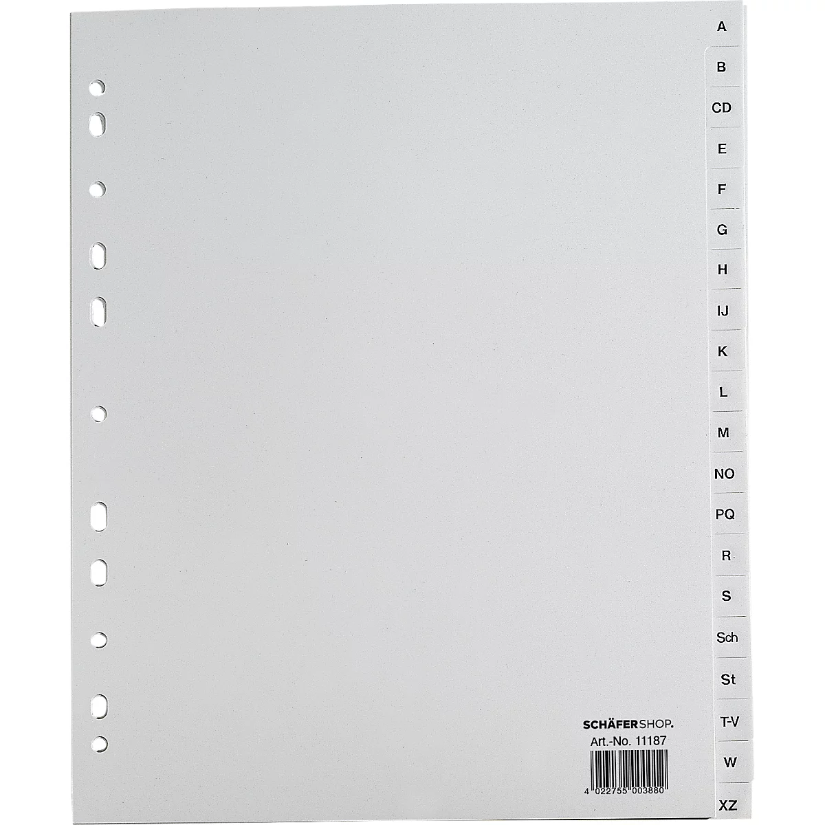 Registro blanco con letras alfabéticas, perforación y logotipo del fabricante.