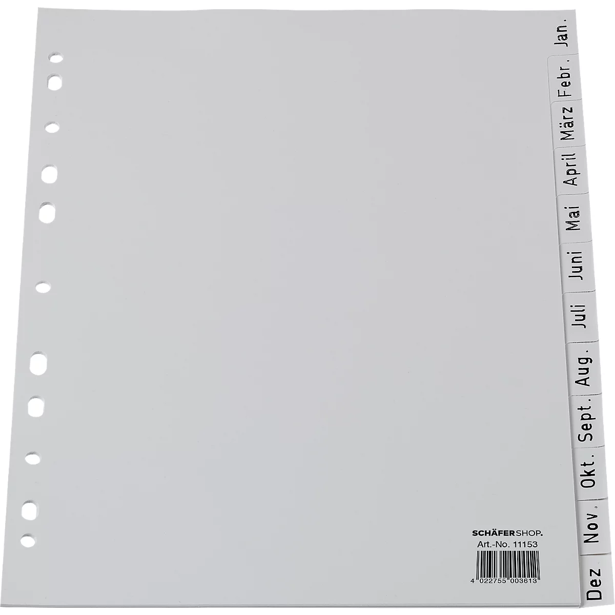 Hoja de registro gris con indicaciones mensuales. Perforación a la izquierda, nombres de los meses a la derecha. Logotipo de la empresa y número de artículo en la parte inferior.