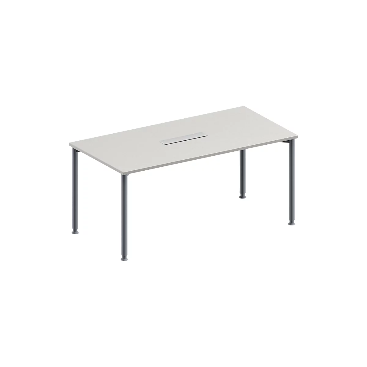 Schäfer Shop Mesa de conferencias Genius, conexión de 6 vías, rectangular, tubo redondo de 4 patas, An 1600 x F 800 x Al 720-840 mm, aluminio gris claro/blanco