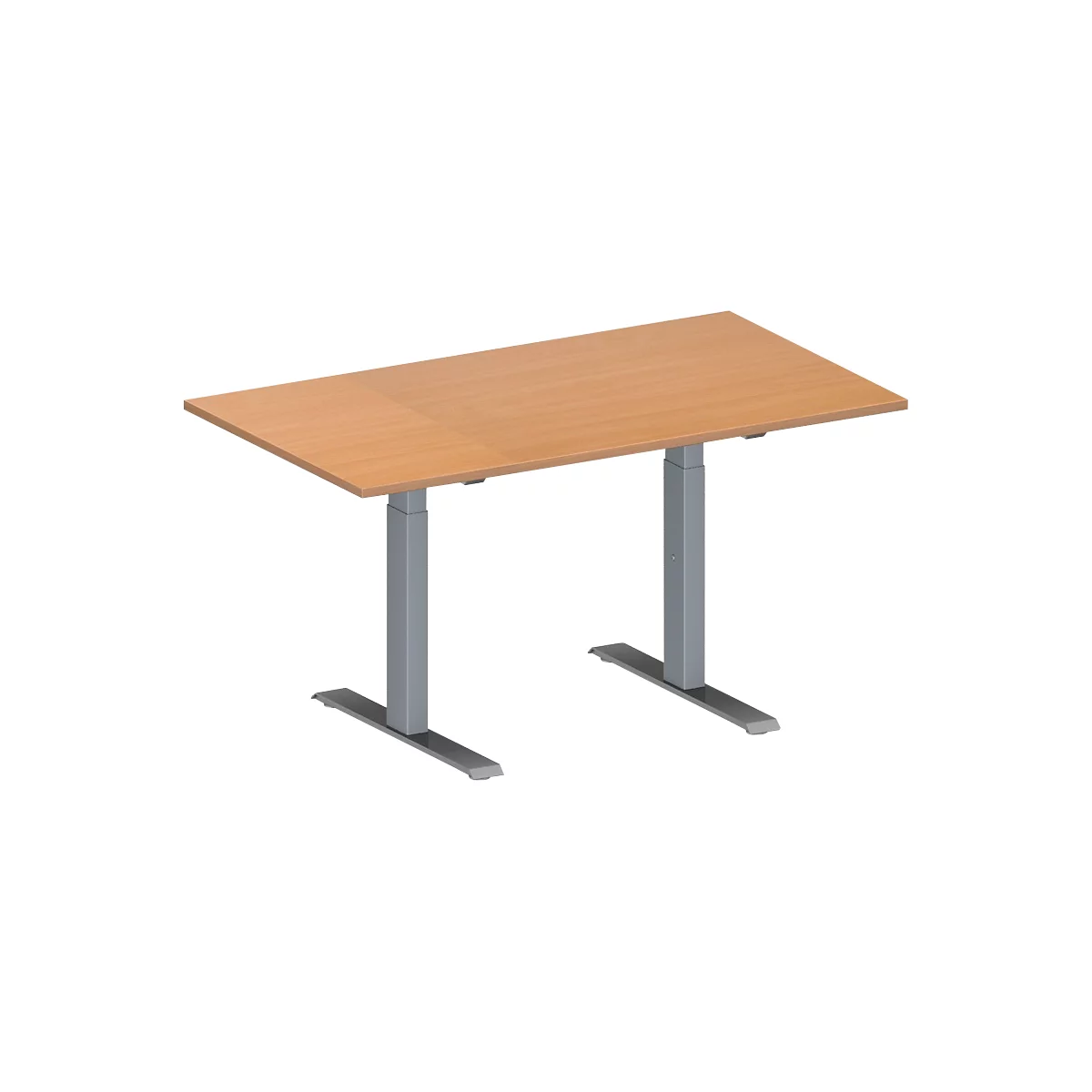 Schäfer Shop Mesa de conferencias Genius MODENA FLEX, rectangular, tubo rectangular con patas en T, ancho 1400 x fondo 800 x alto 650-850 mm, haya/aluminio blanco RAL 9006